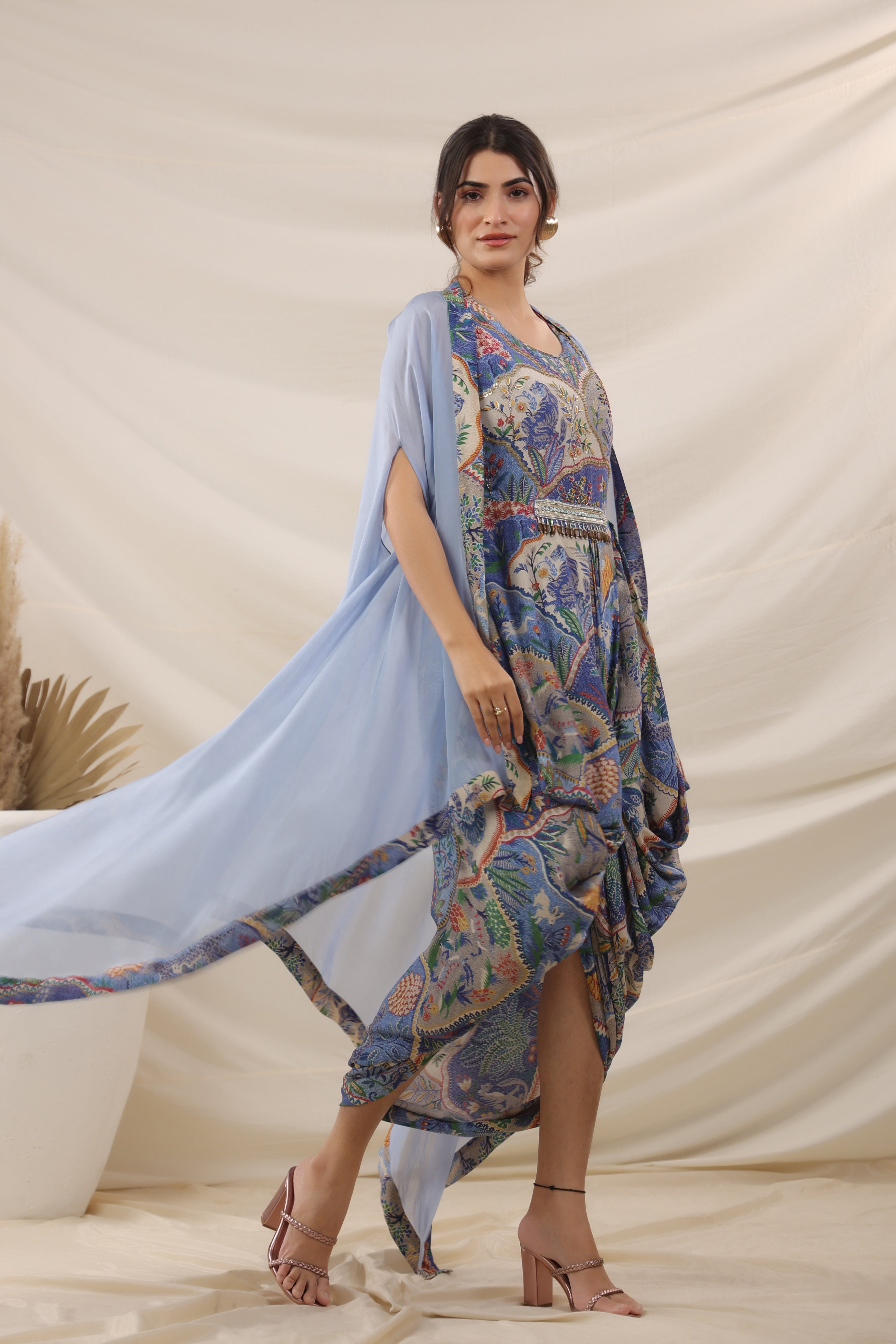 Sky Blue Draped ethnic Printed Crepe Silk Cape Gown
