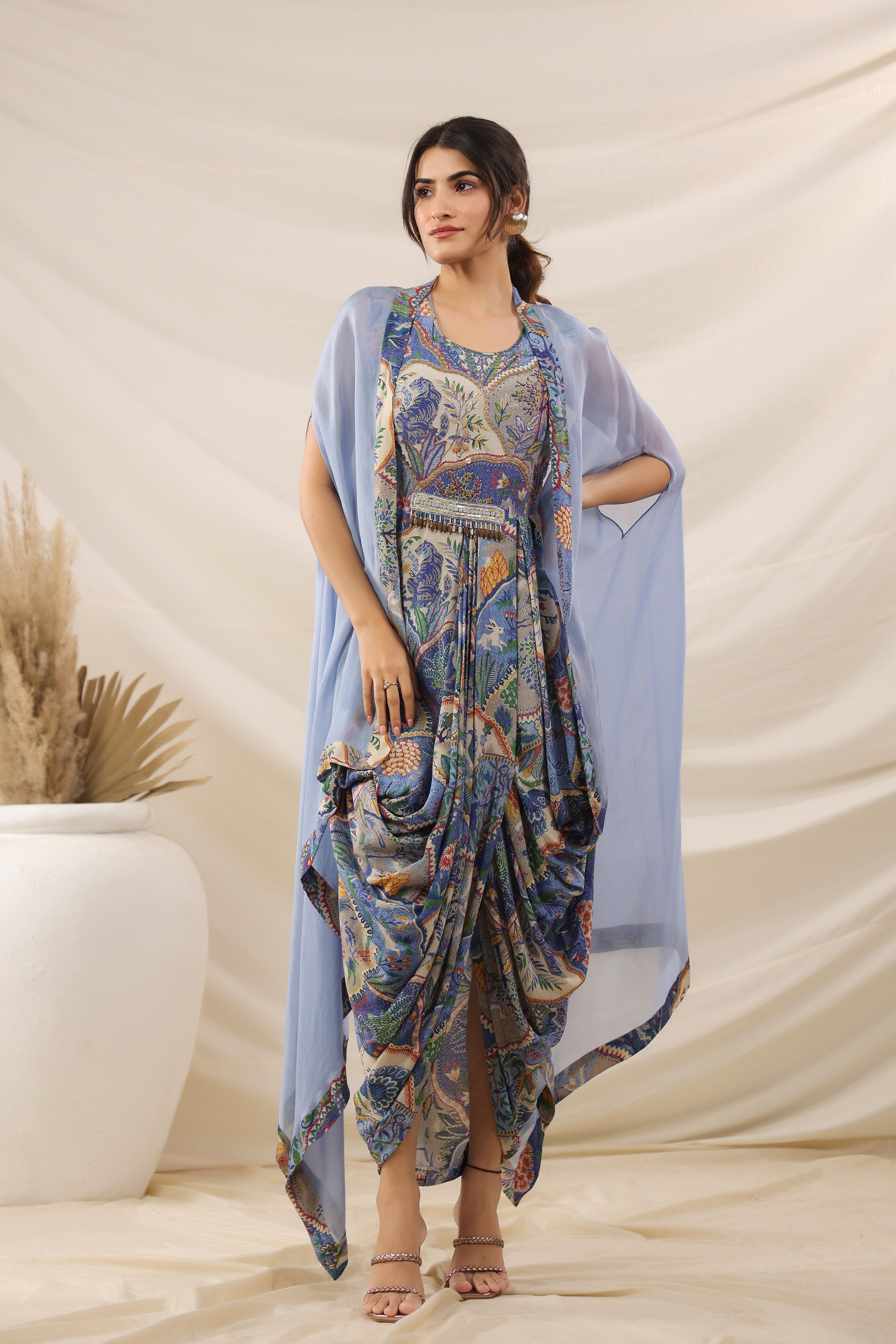 Sky Blue Draped ethnic Printed Crepe Silk Cape Gown