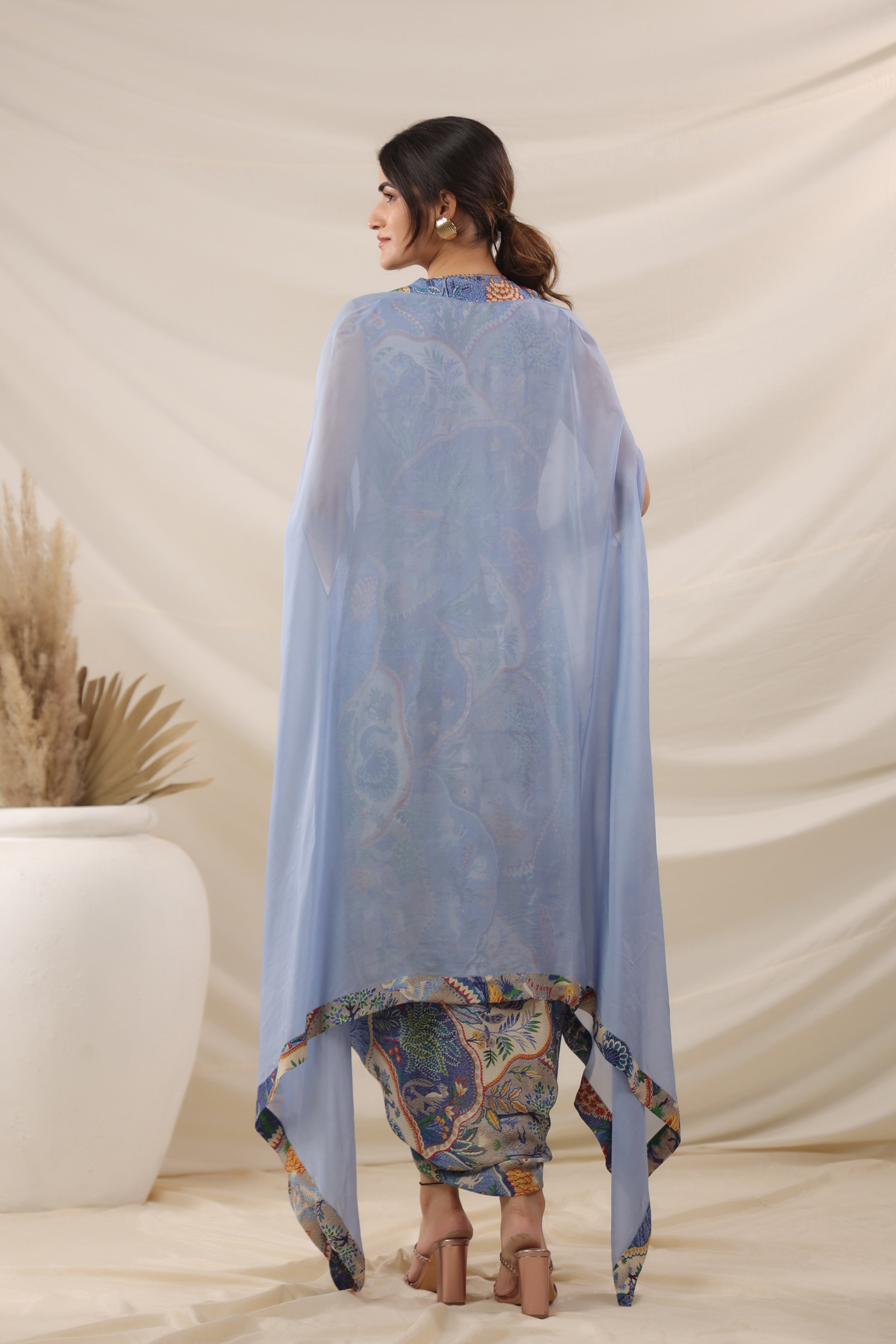 Sky Blue Draped ethnic Printed Crepe Silk Cape Gown