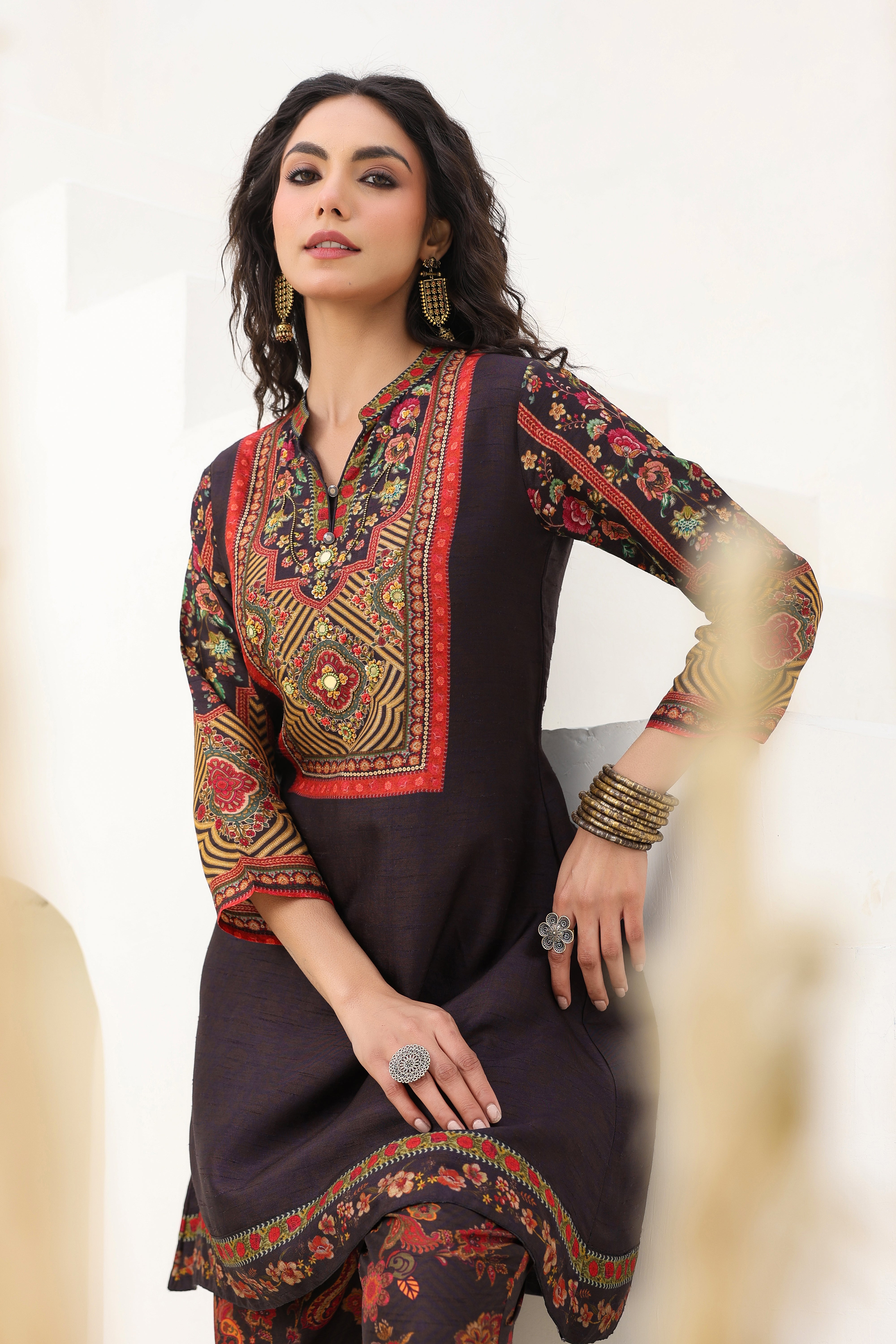 Traditional Black Bloom Printed Dola Silk Kurta Pants Set