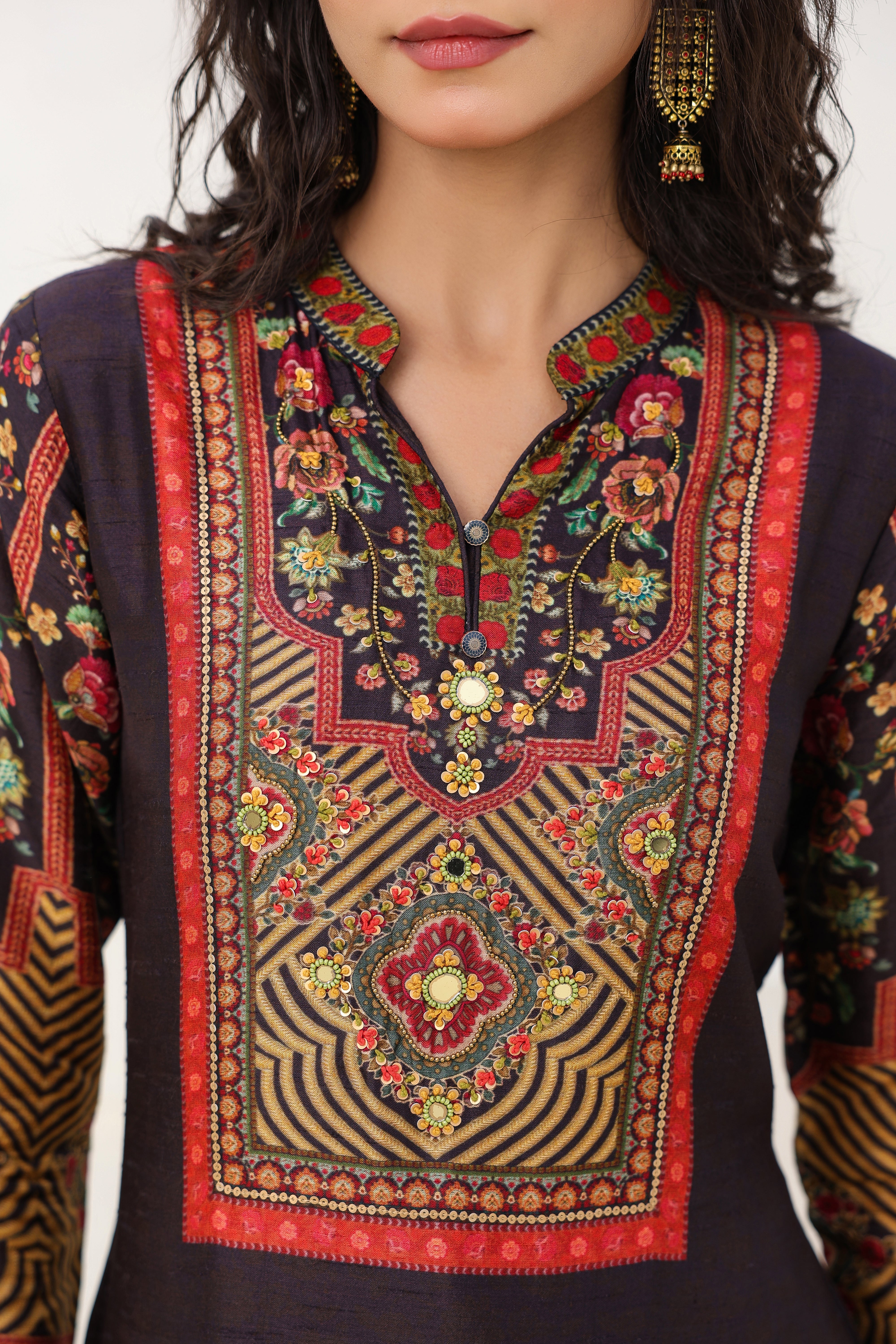 Traditional Black Bloom Printed Dola Silk Kurta Pants Set