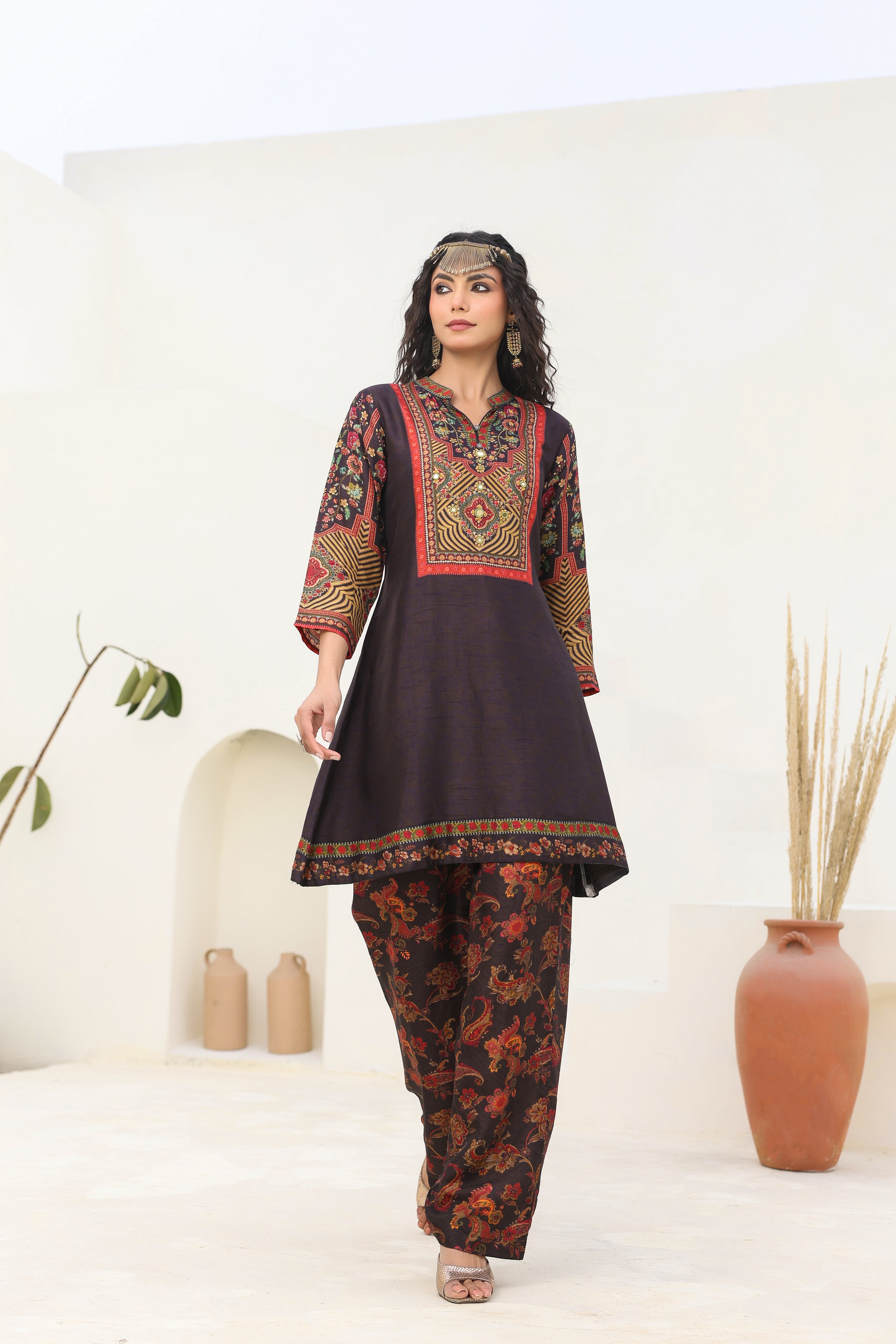Traditional Black Bloom Printed Dola Silk Kurta Pants Set