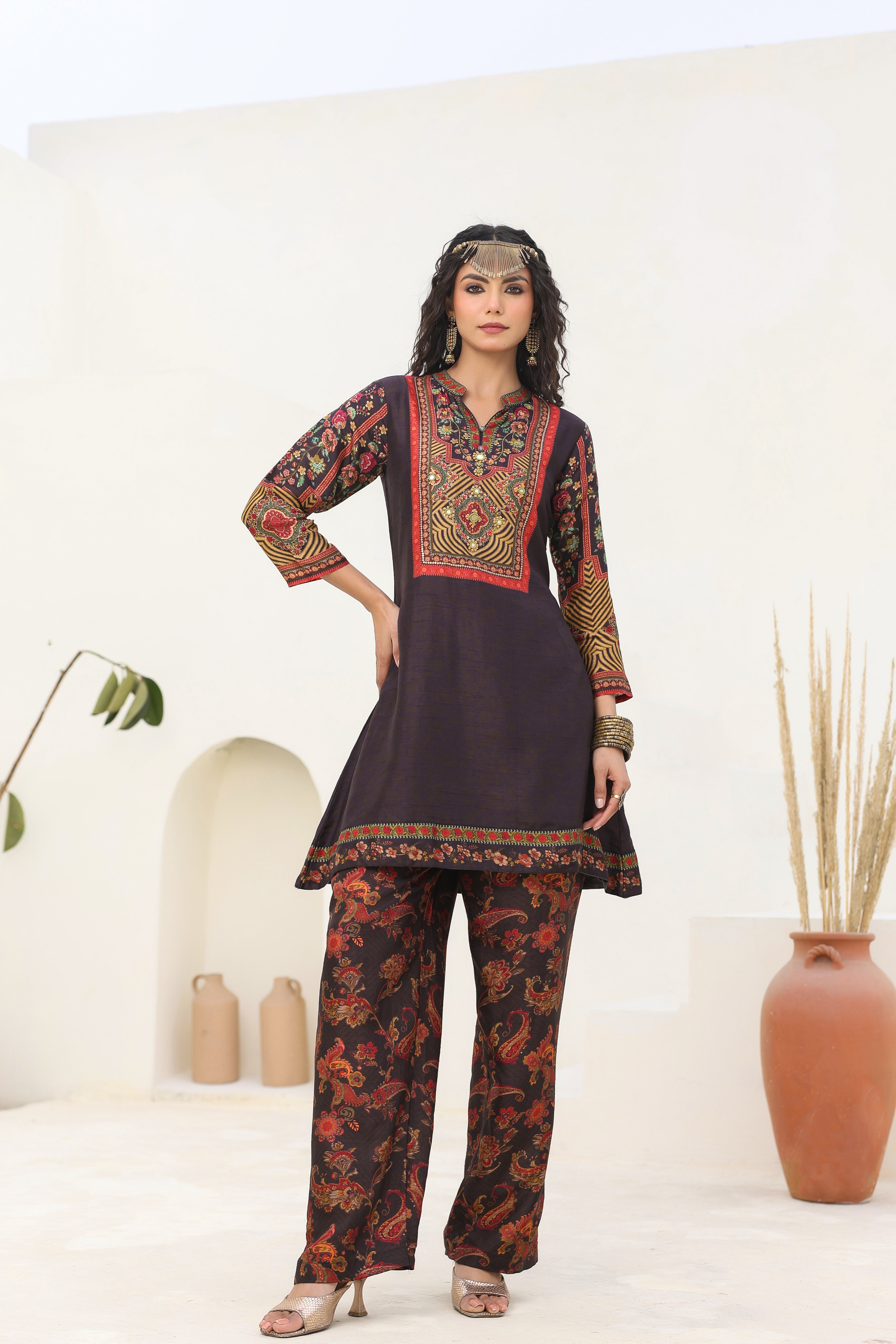 Traditional Black Bloom Printed Dola Silk Kurta Pants Set
