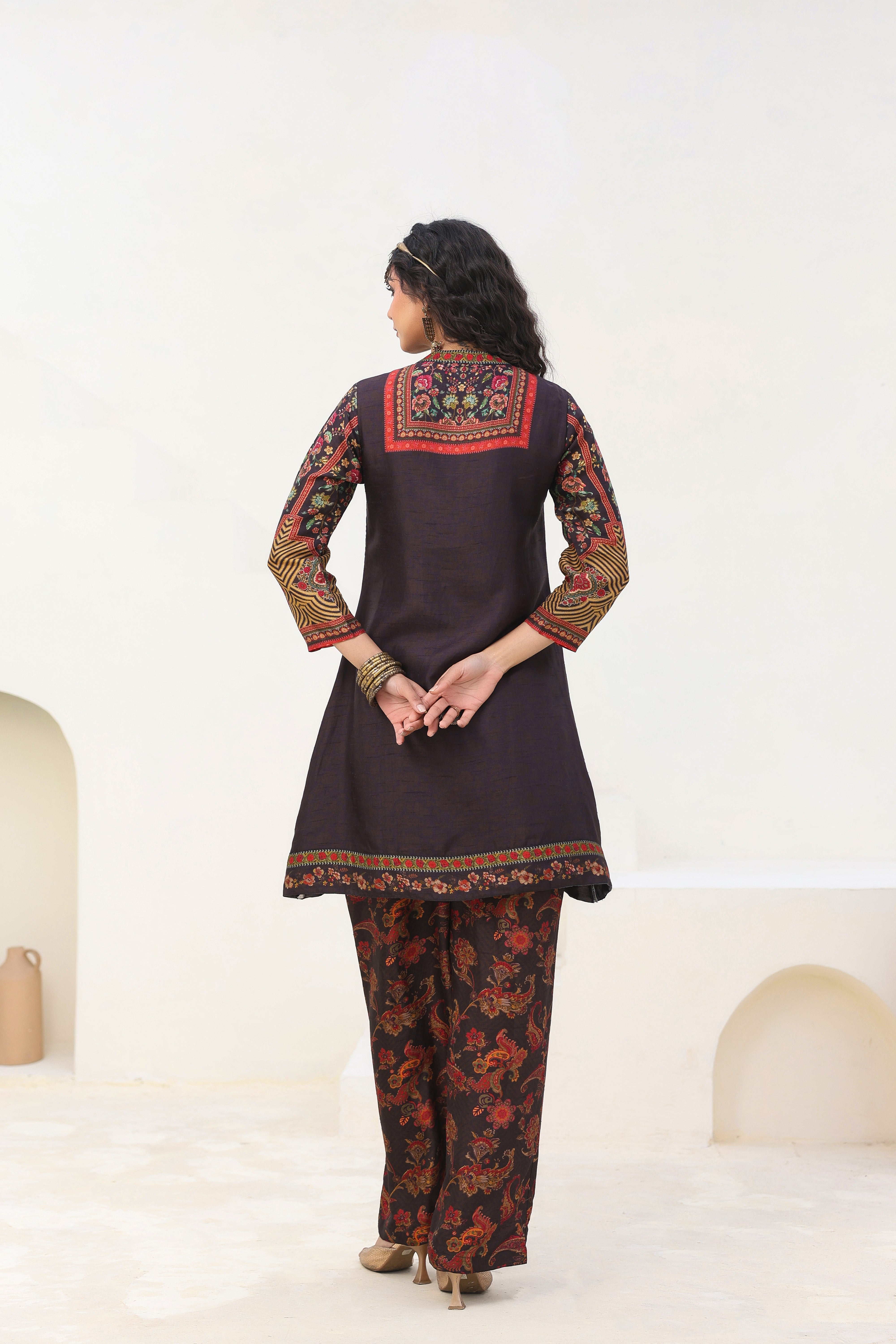 Traditional Black Bloom Printed Dola Silk Kurta Pants Set
