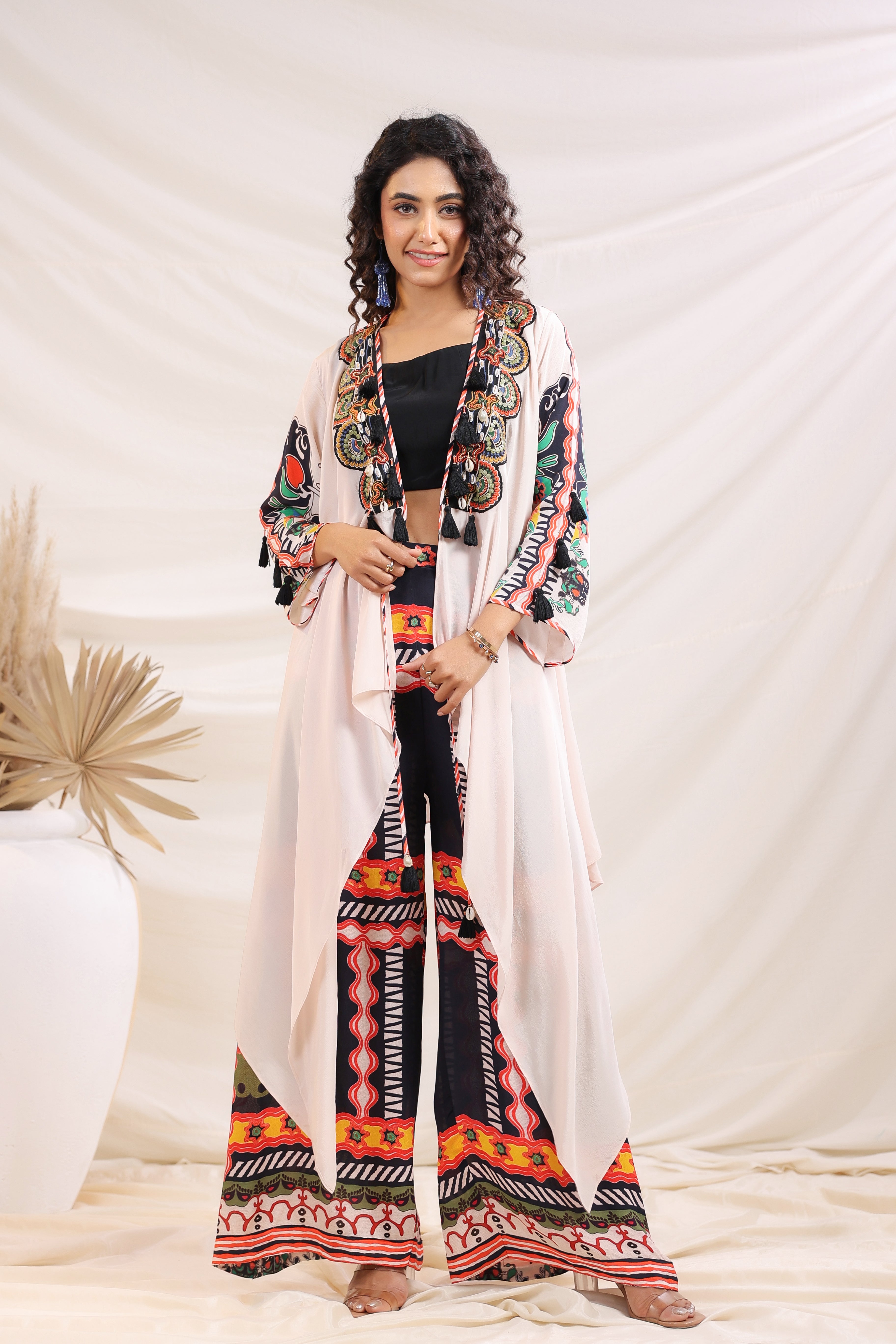 Contemporary Printed Co-ord Set with Embroidered Tassel Shrug