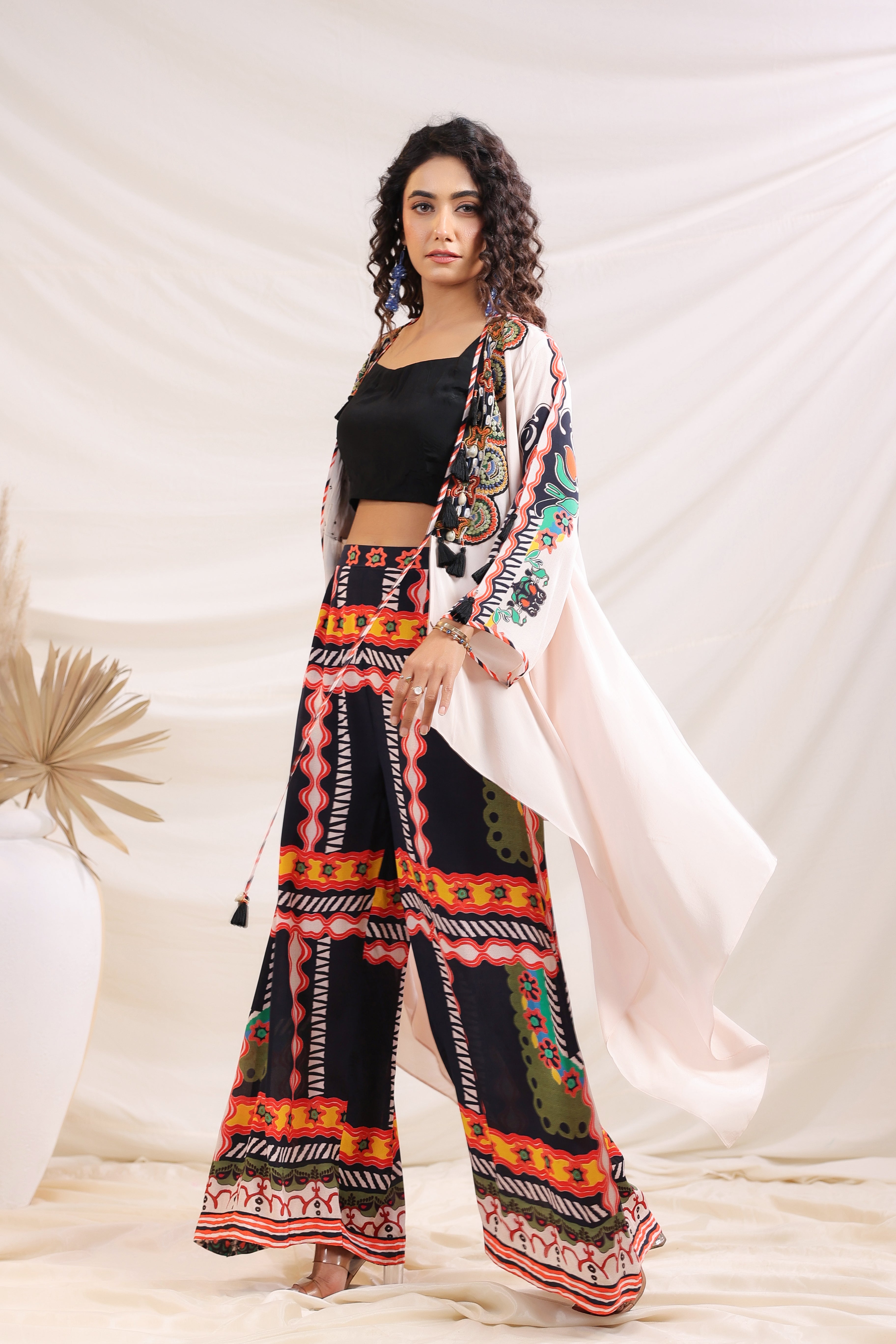 Contemporary Printed Co-ord Set with Embroidered Tassel Shrug