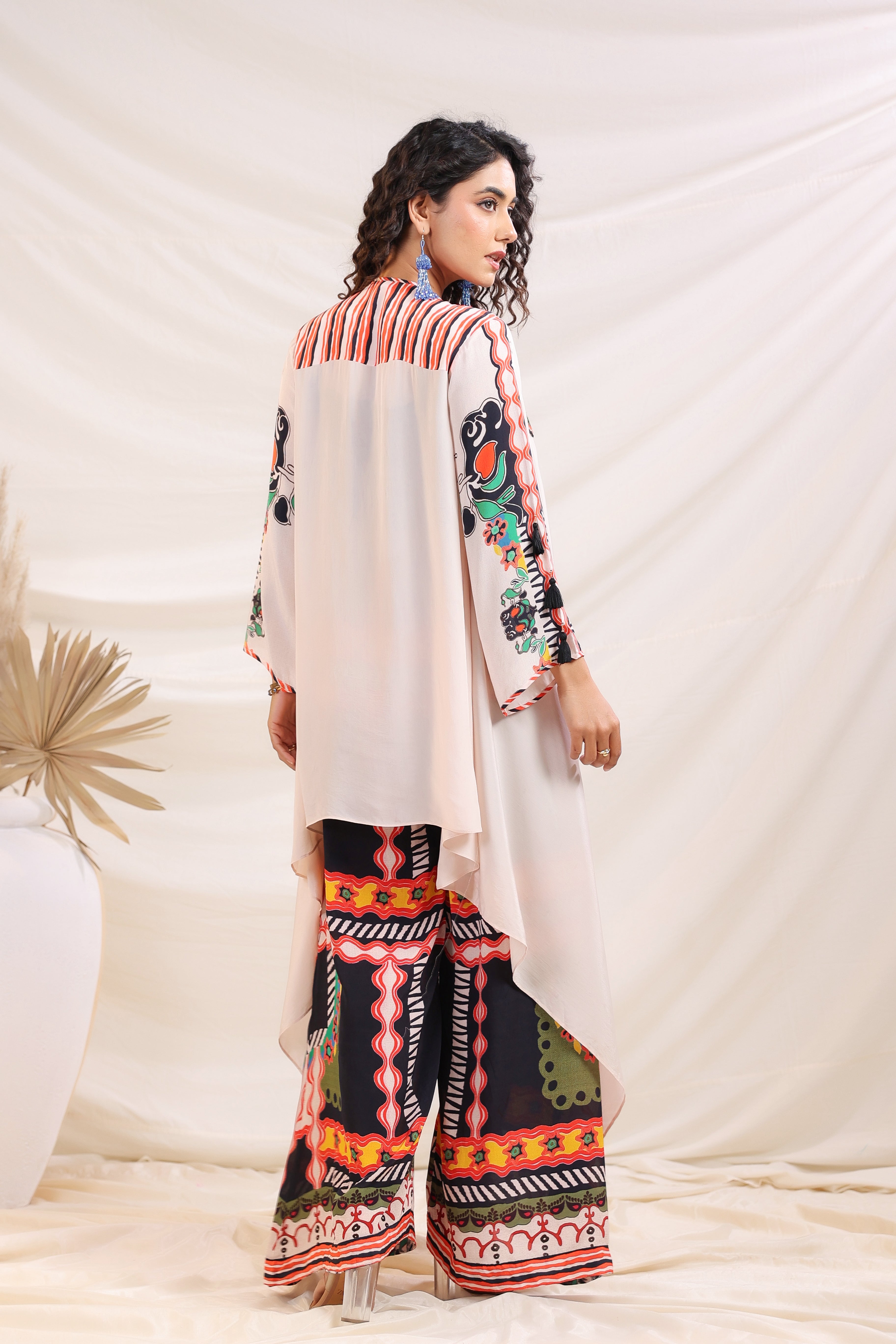 Contemporary Printed Co-ord Set with Embroidered Tassel Shrug