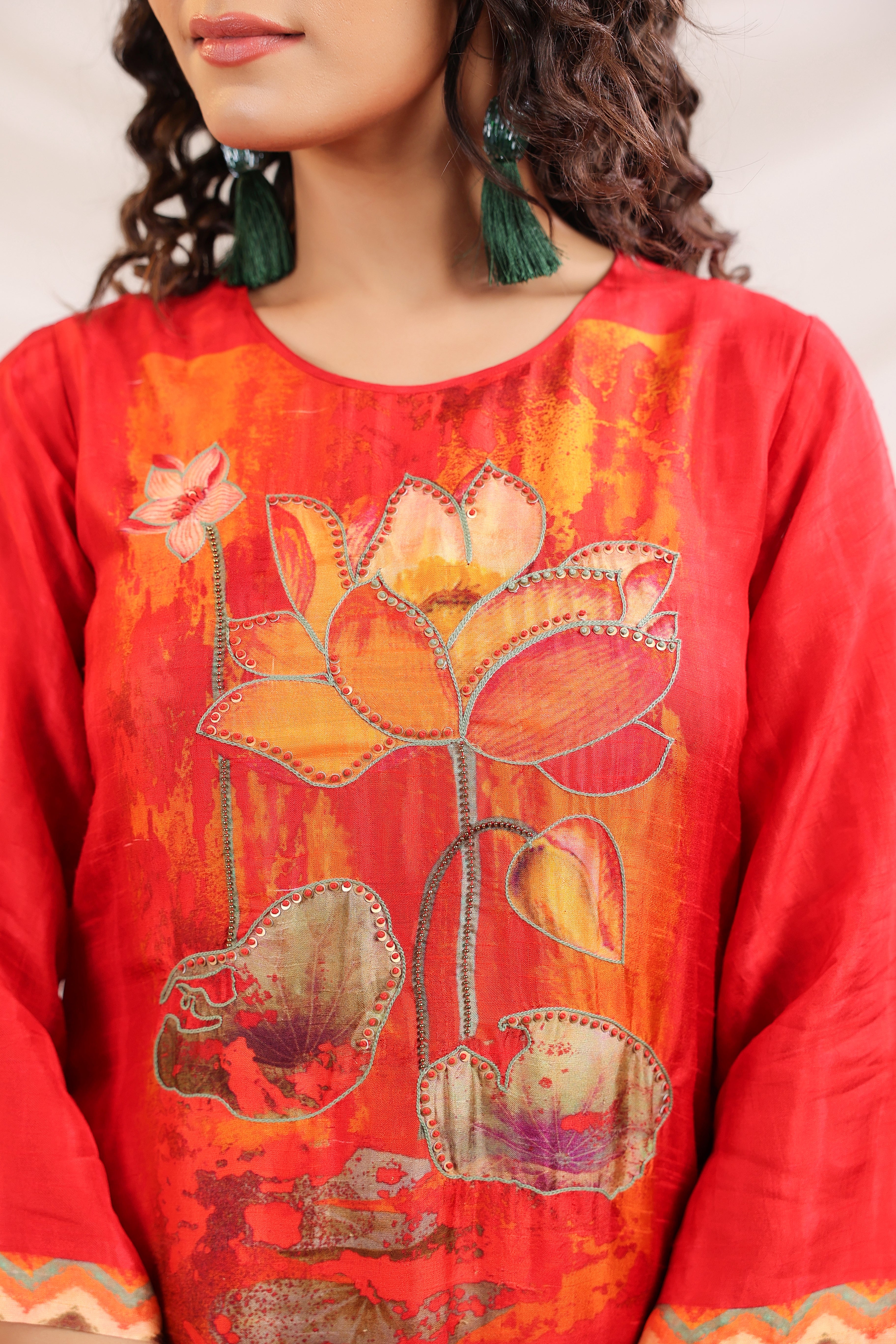 Red Lotus Printed Dola Silk Kurta Pants Set