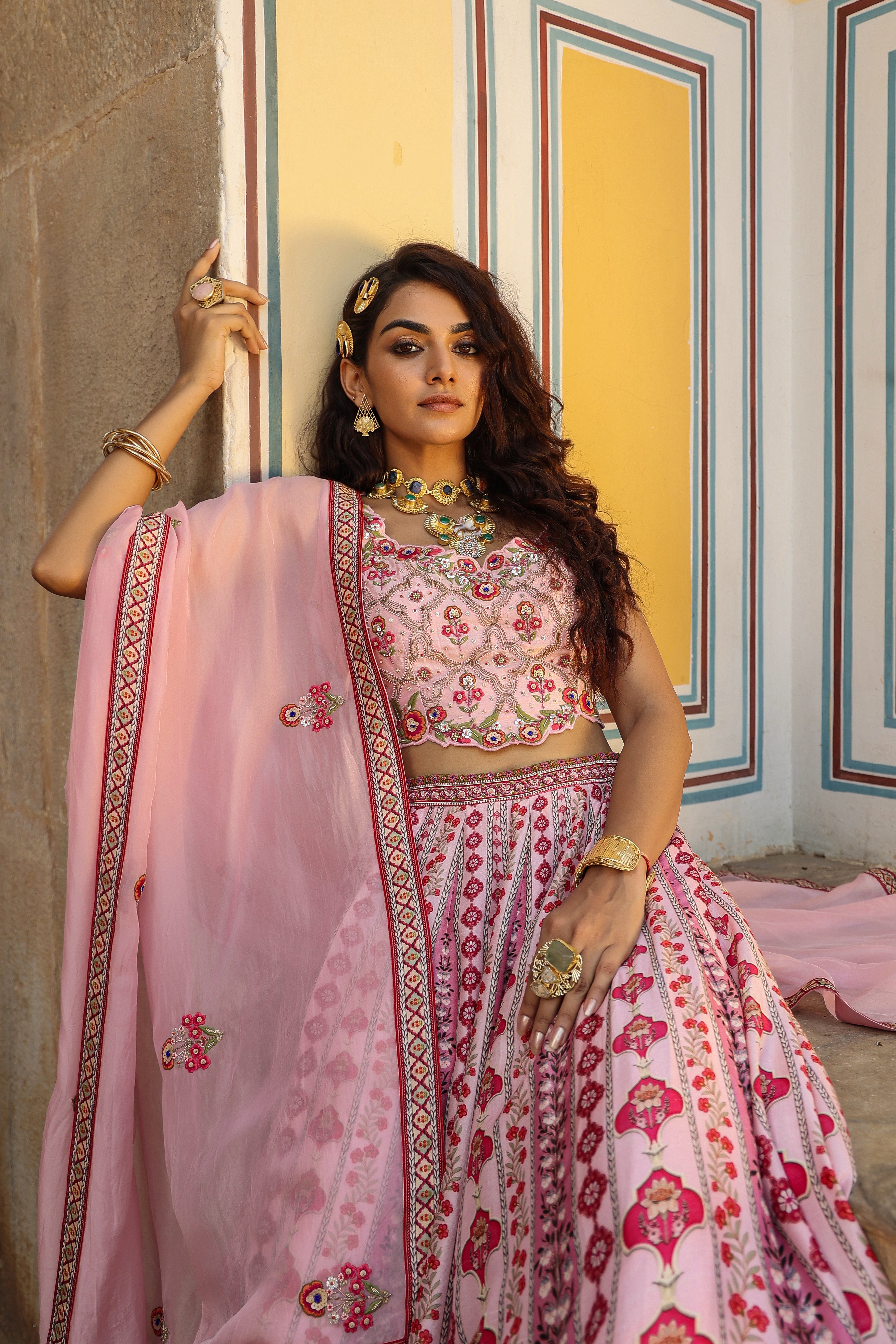 Pink Embroidered Lehenga Set with Peacock Motifs