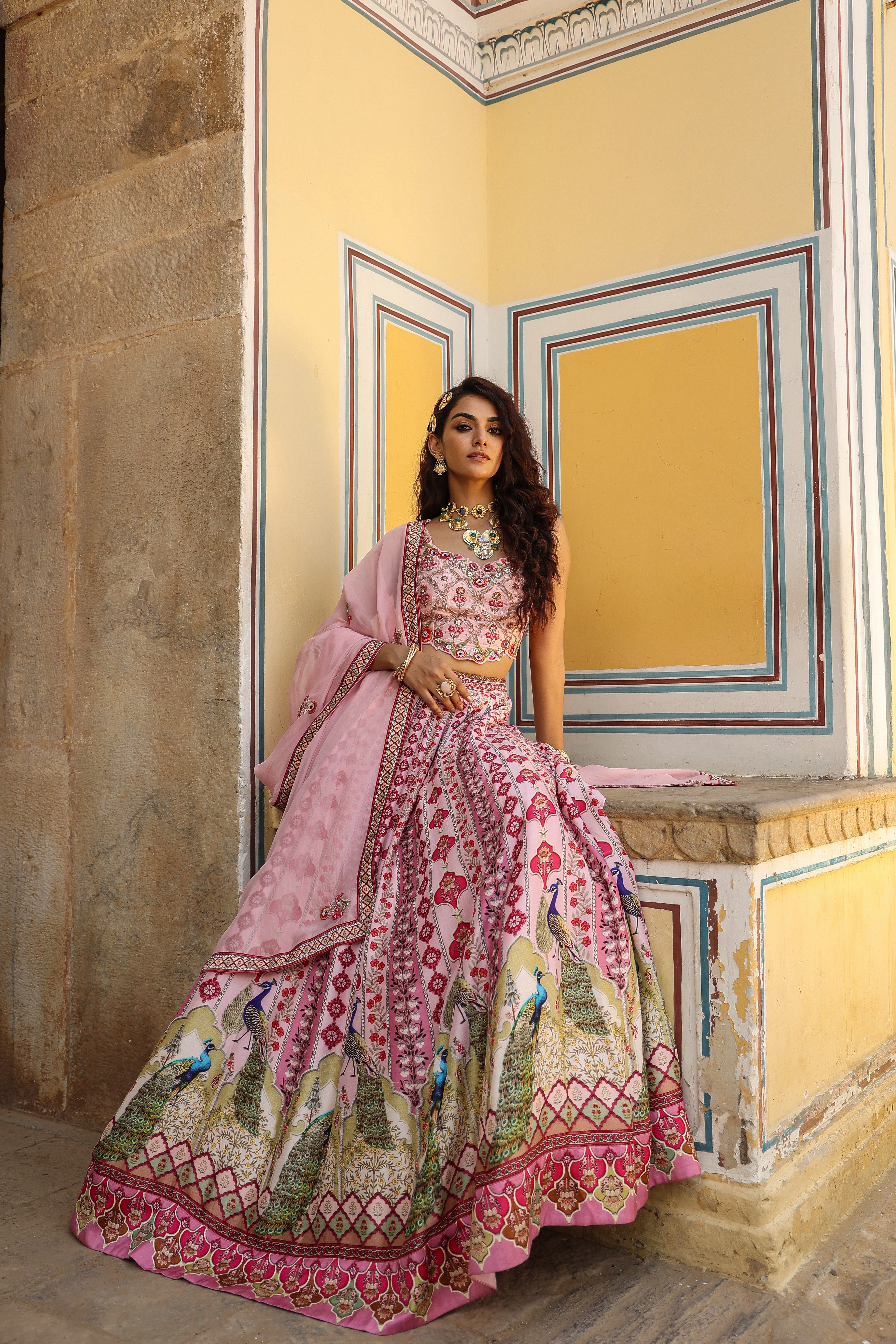 Pink Embroidered Lehenga Set with Peacock Motifs