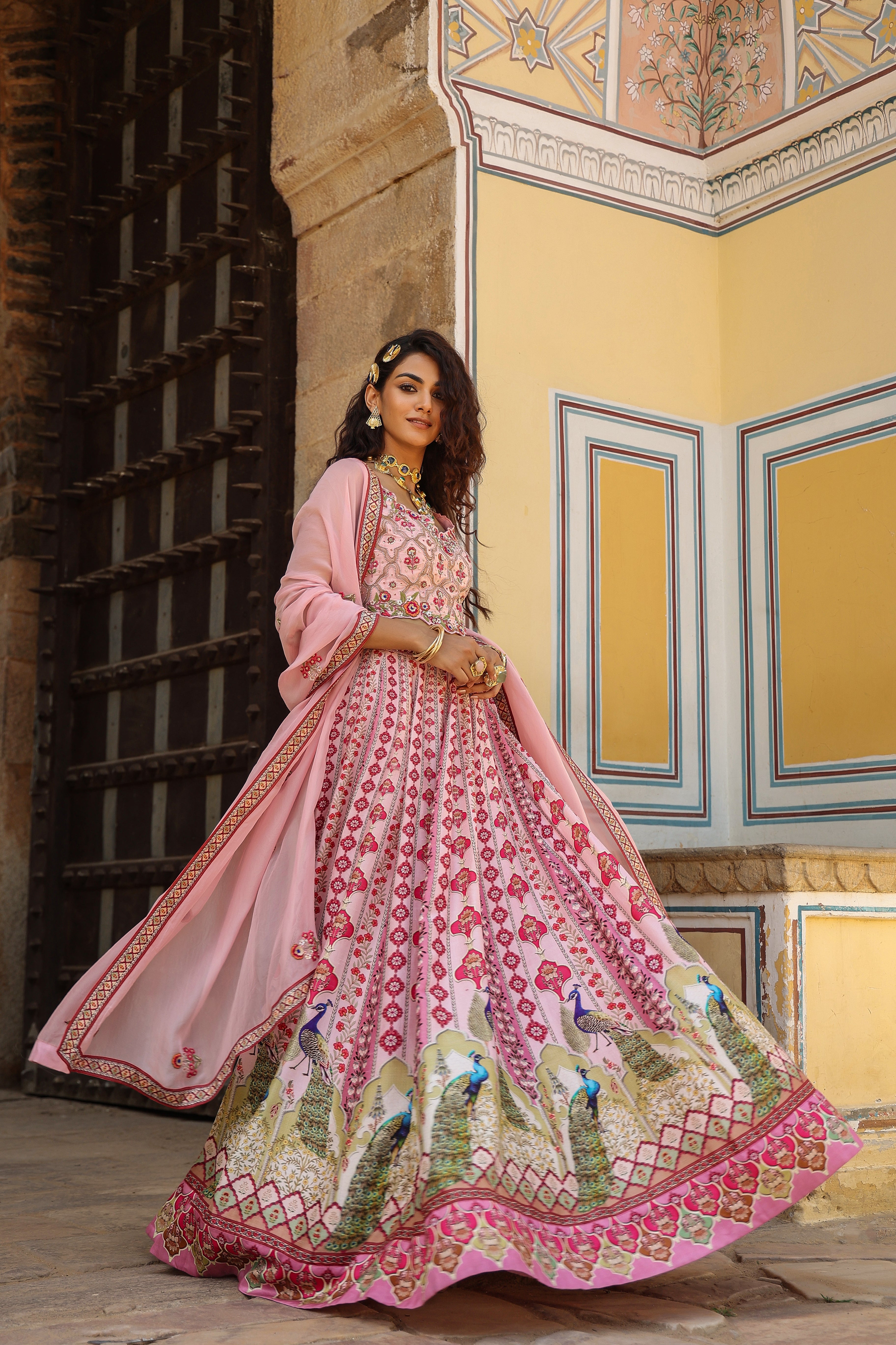 Pink Embroidered Lehenga Set with Peacock Motifs