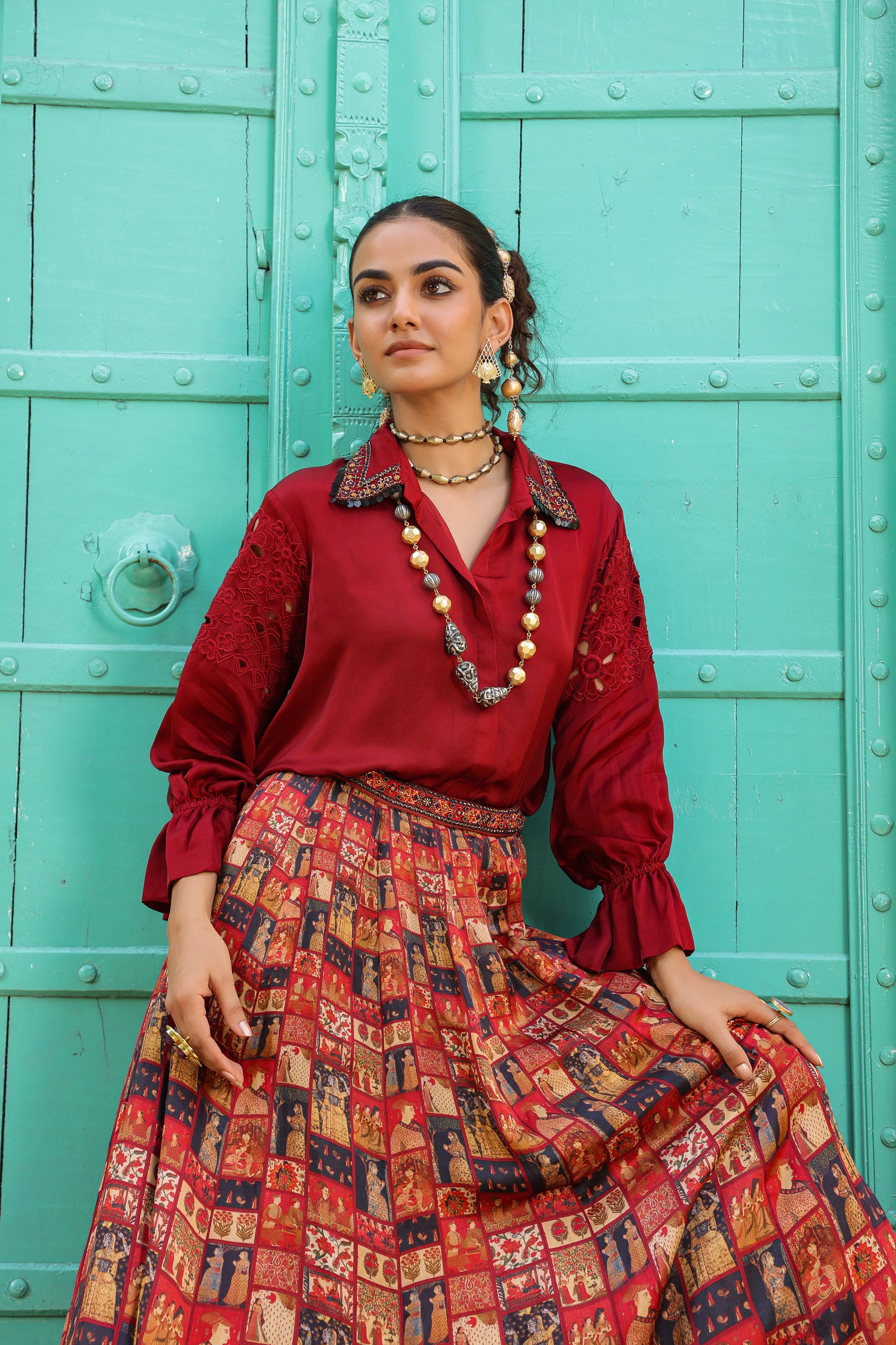 Maroon Ethnic Printed Skirt