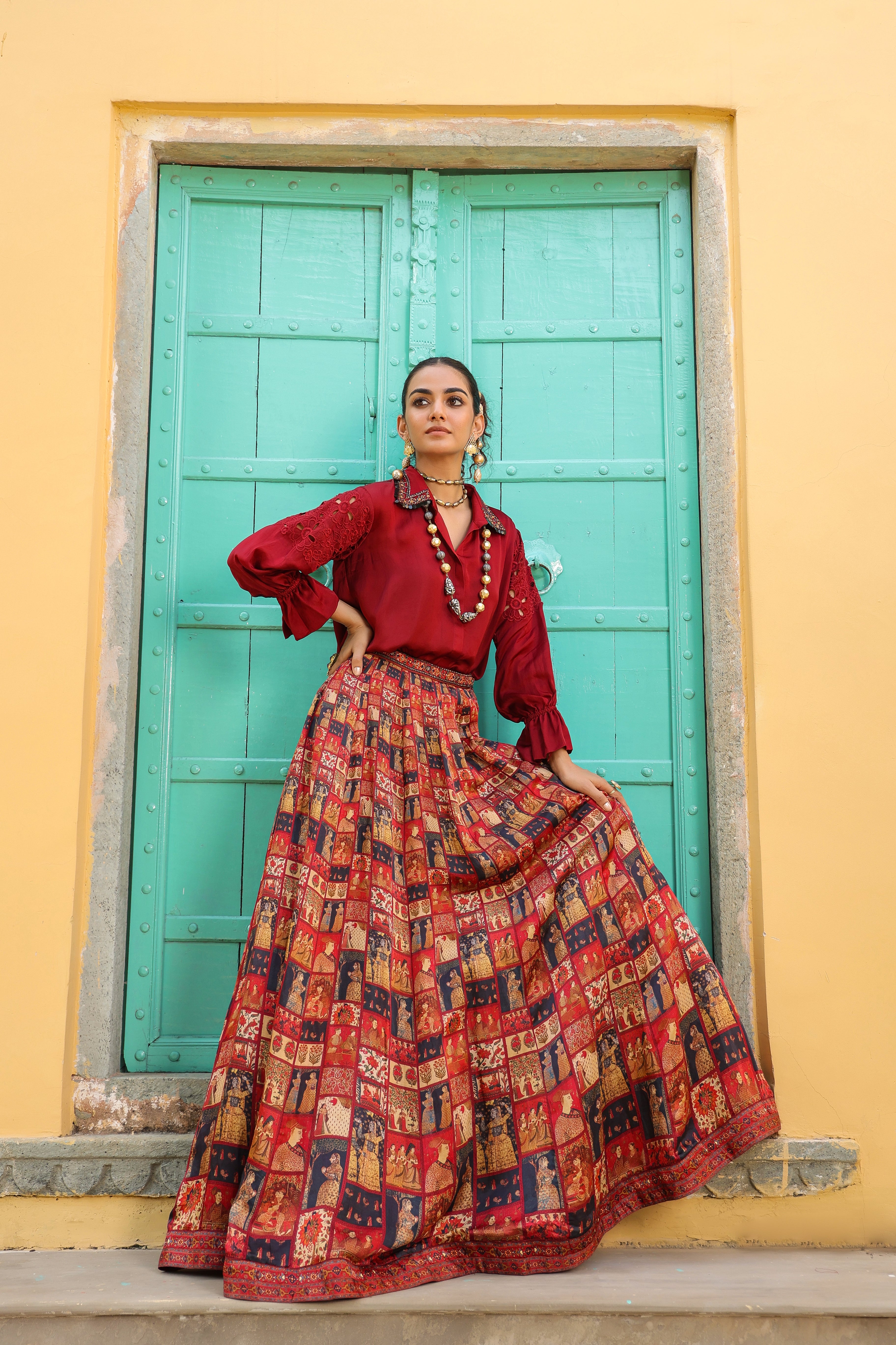 Maroon Ethnic Printed Skirt