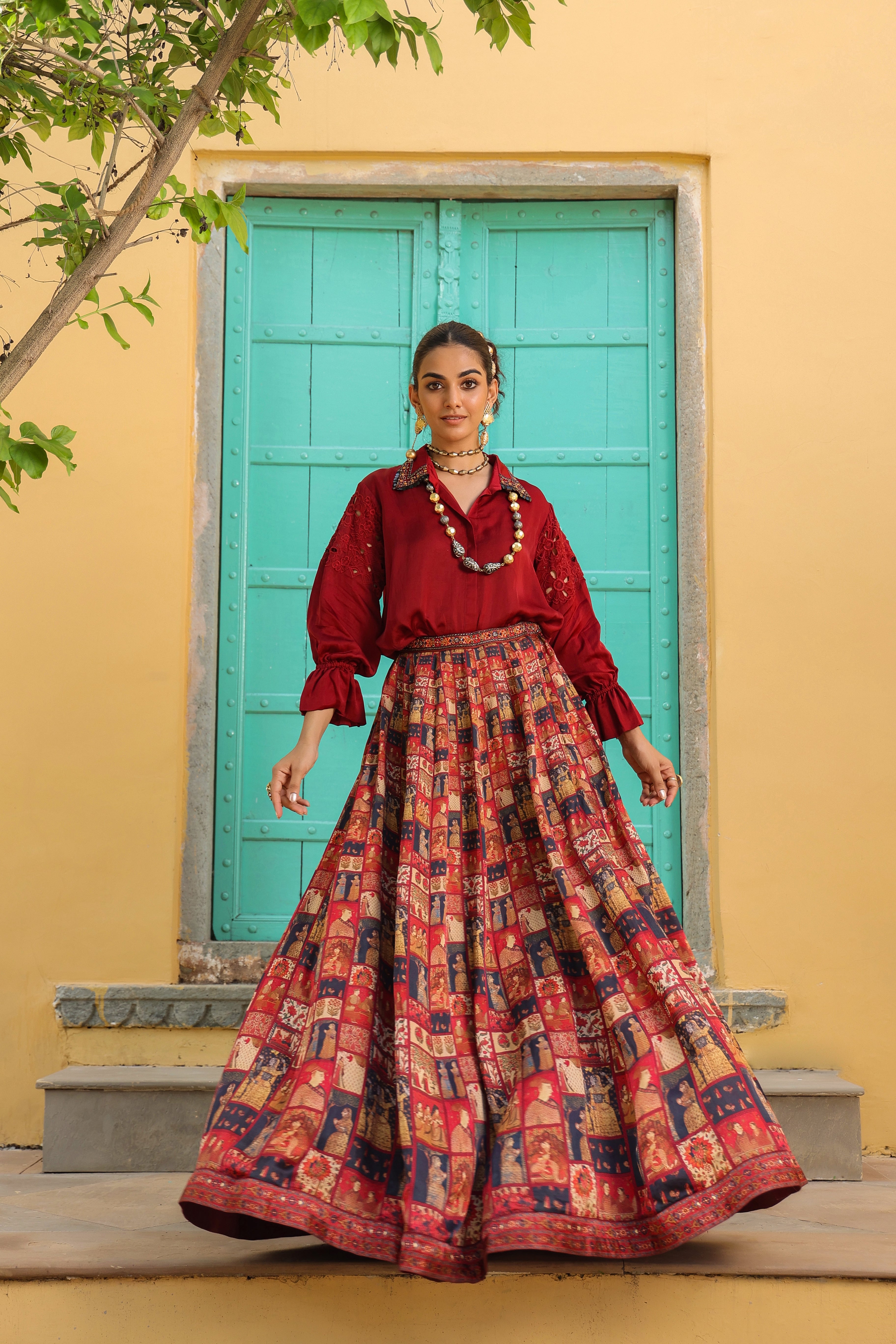 Maroon Ethnic Printed Skirt