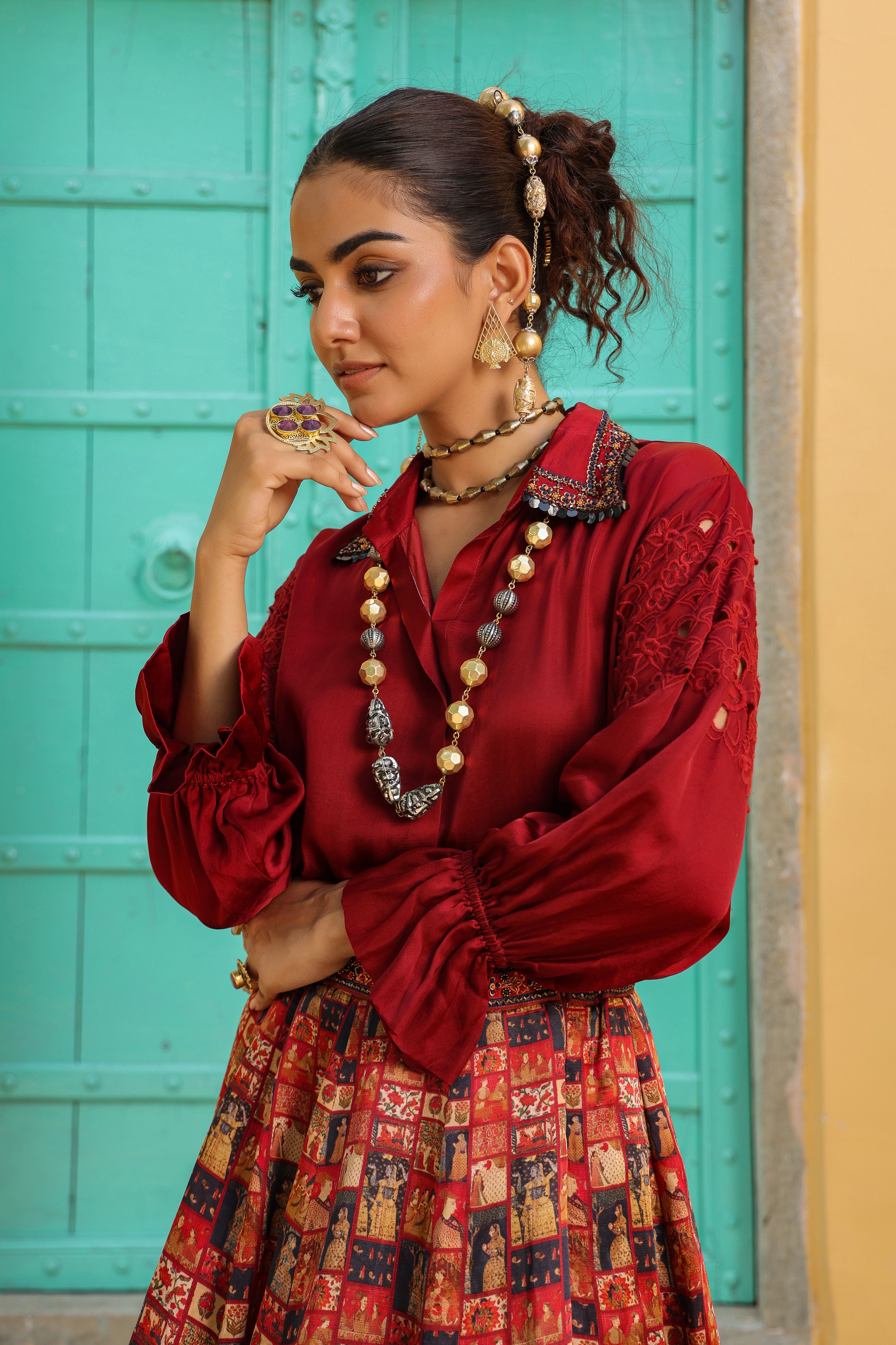 Maroon Ethnic Printed Skirt