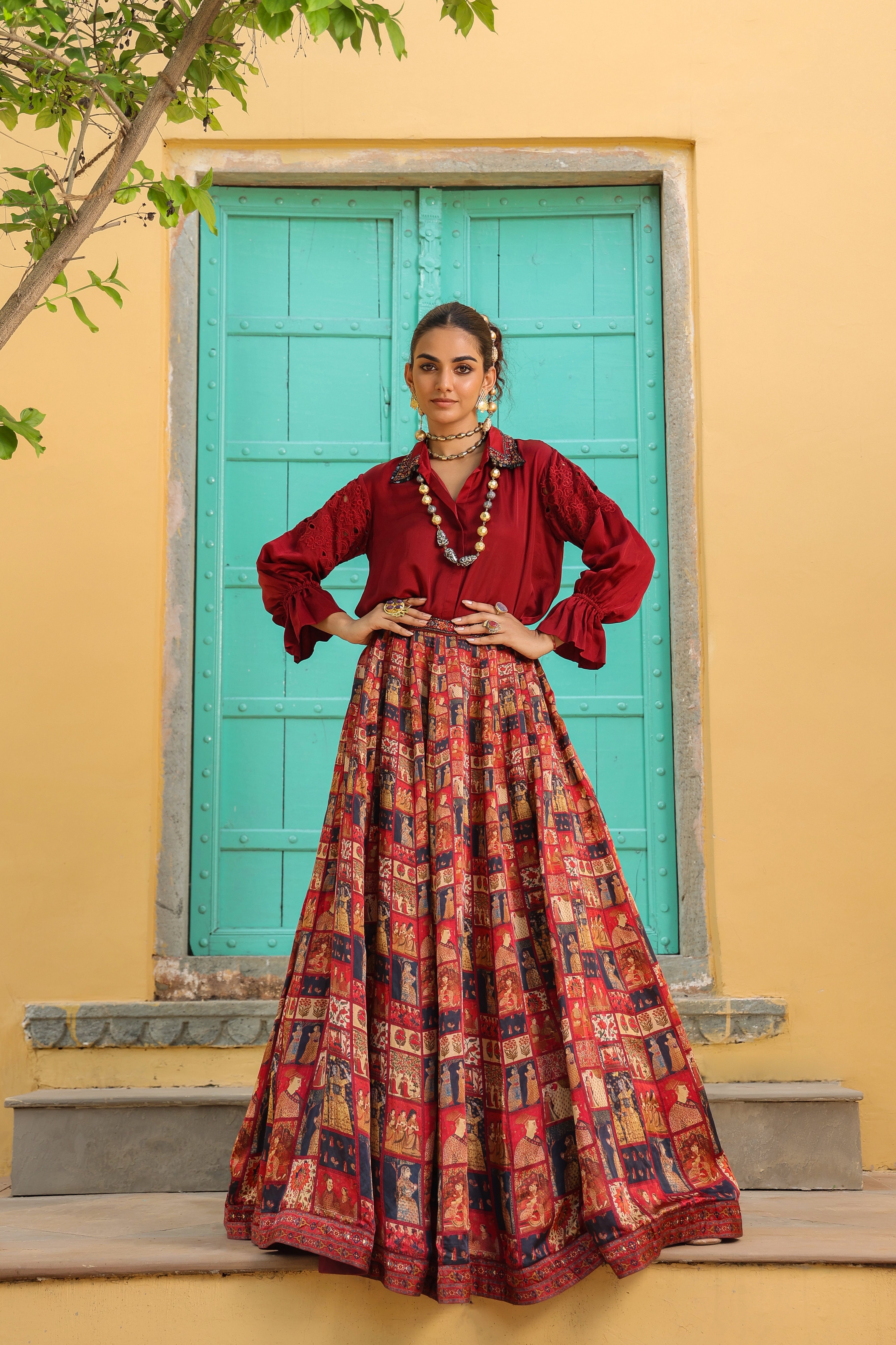 Maroon Ethnic Printed Skirt