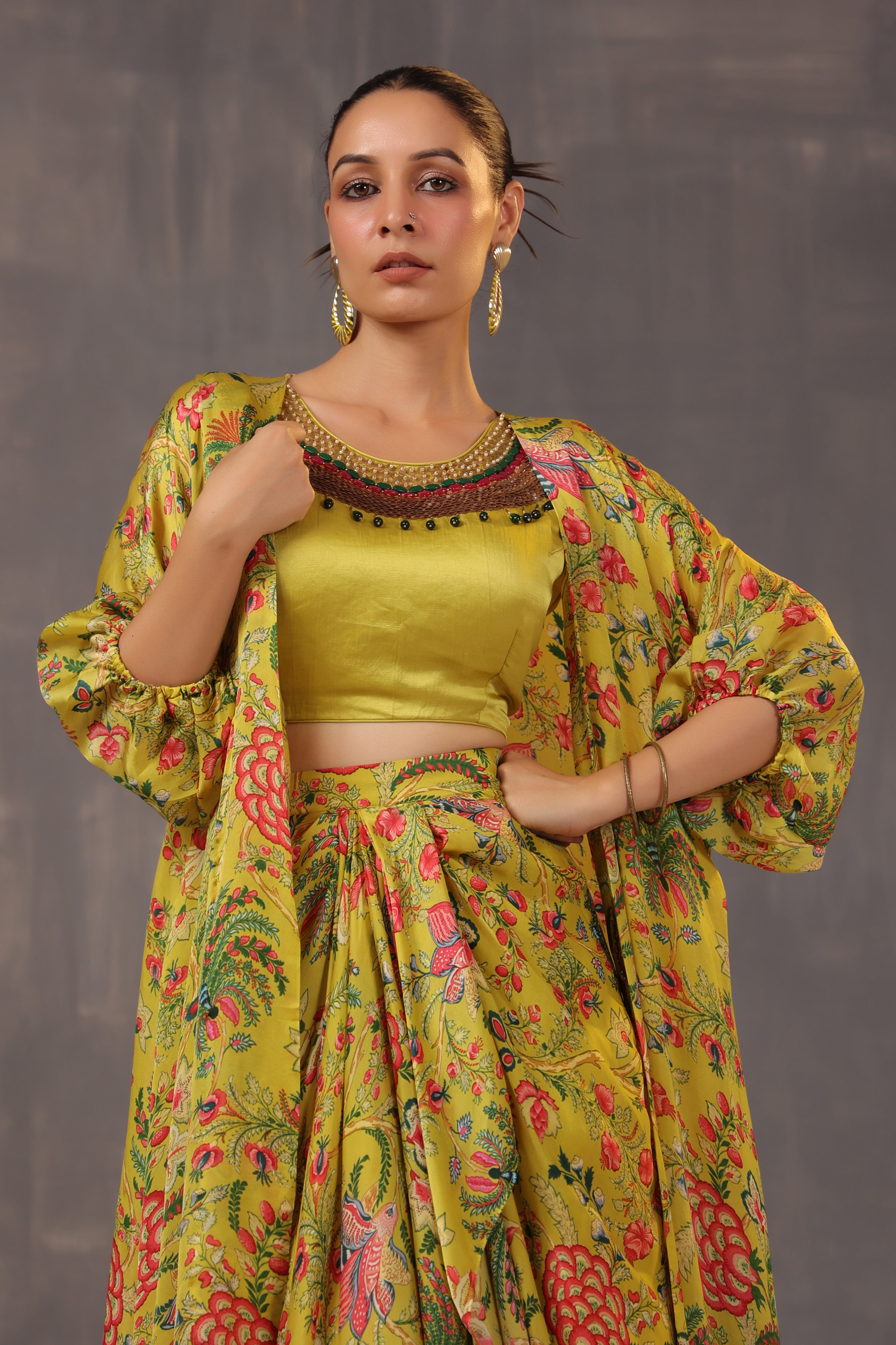 Olive Yellow Draped Skirt Set with Cape Set