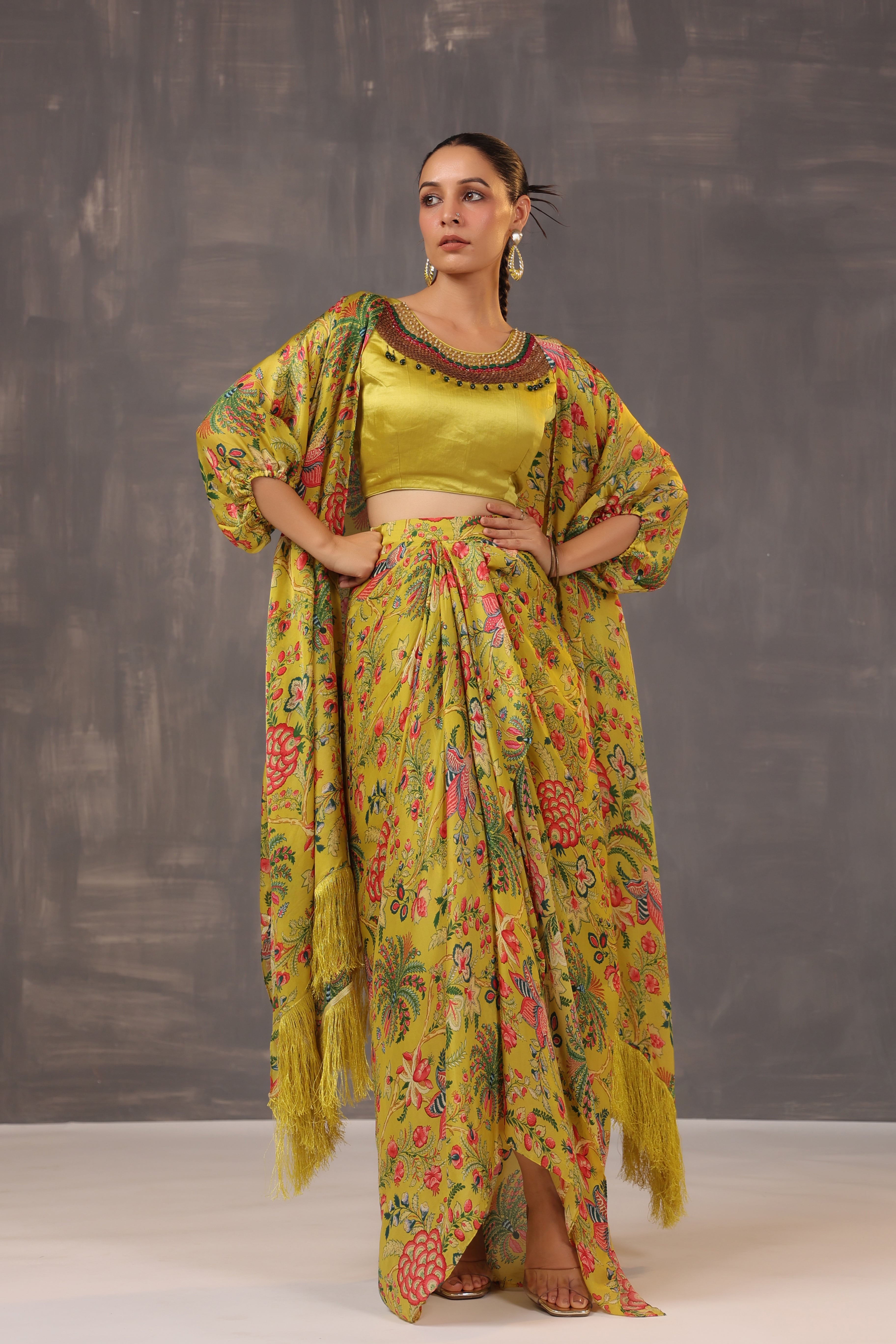 Olive Yellow Draped Skirt Set with Cape Set