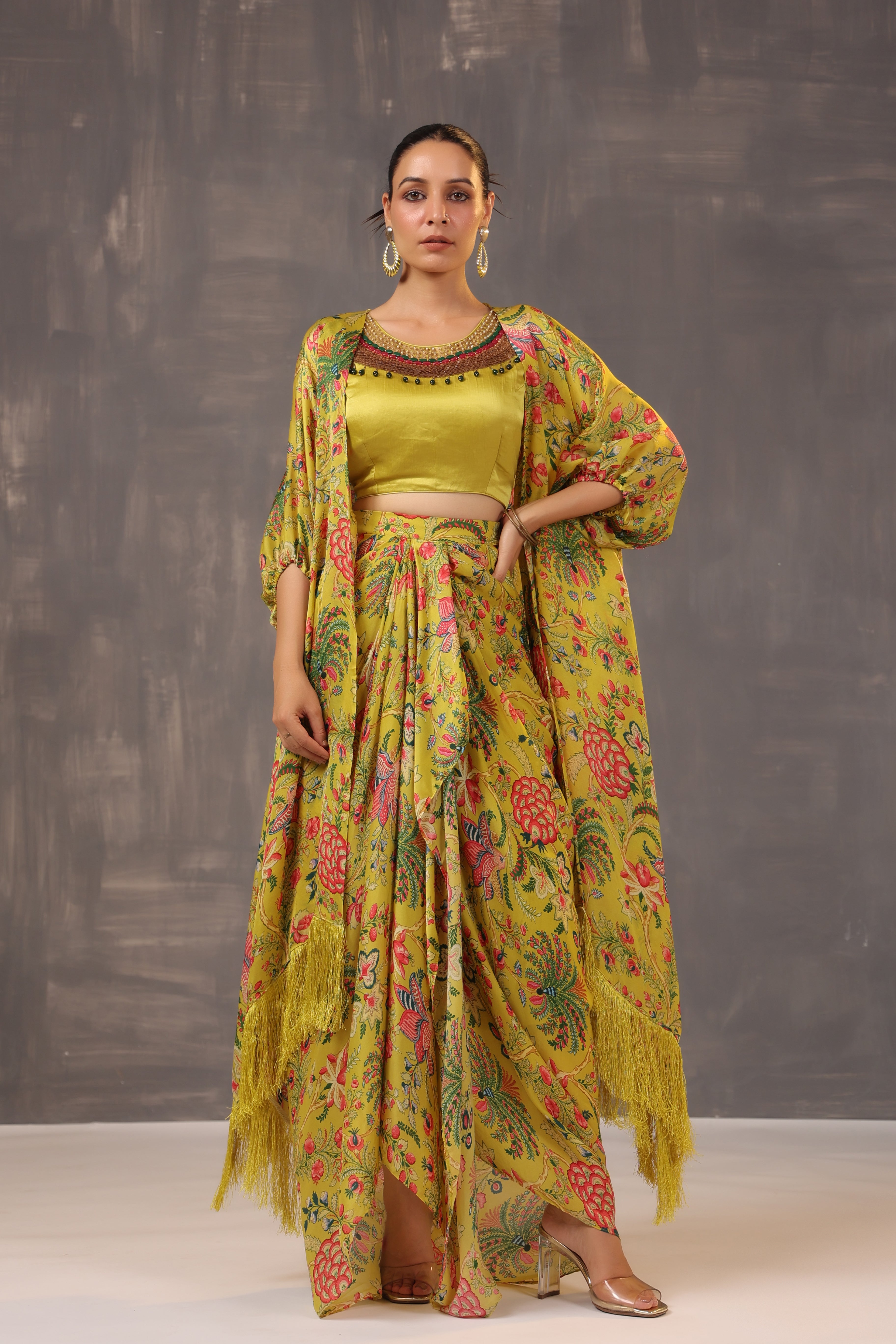 Olive Yellow Draped Skirt Set with Cape Set