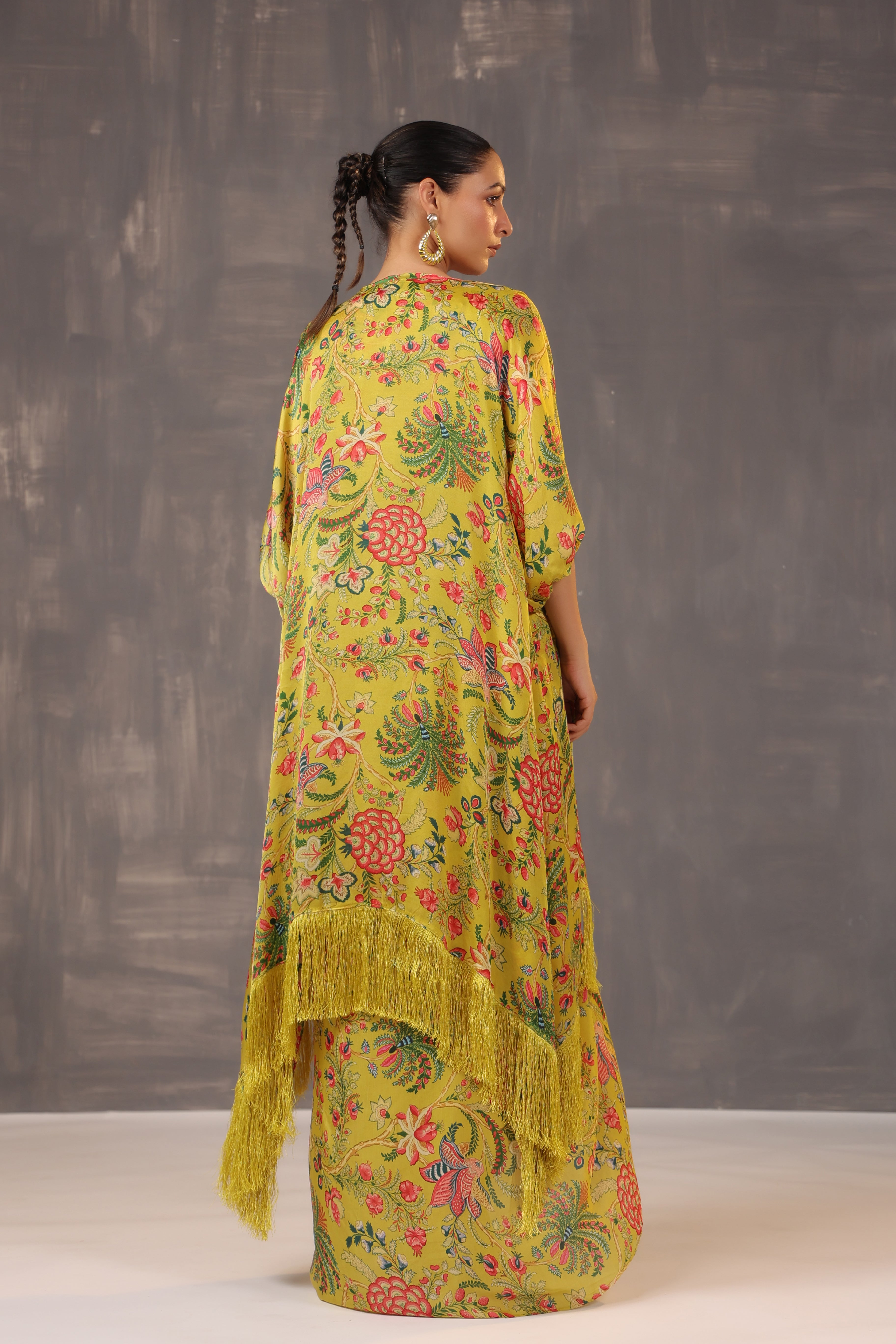 Olive Yellow Draped Skirt Set with Cape Set