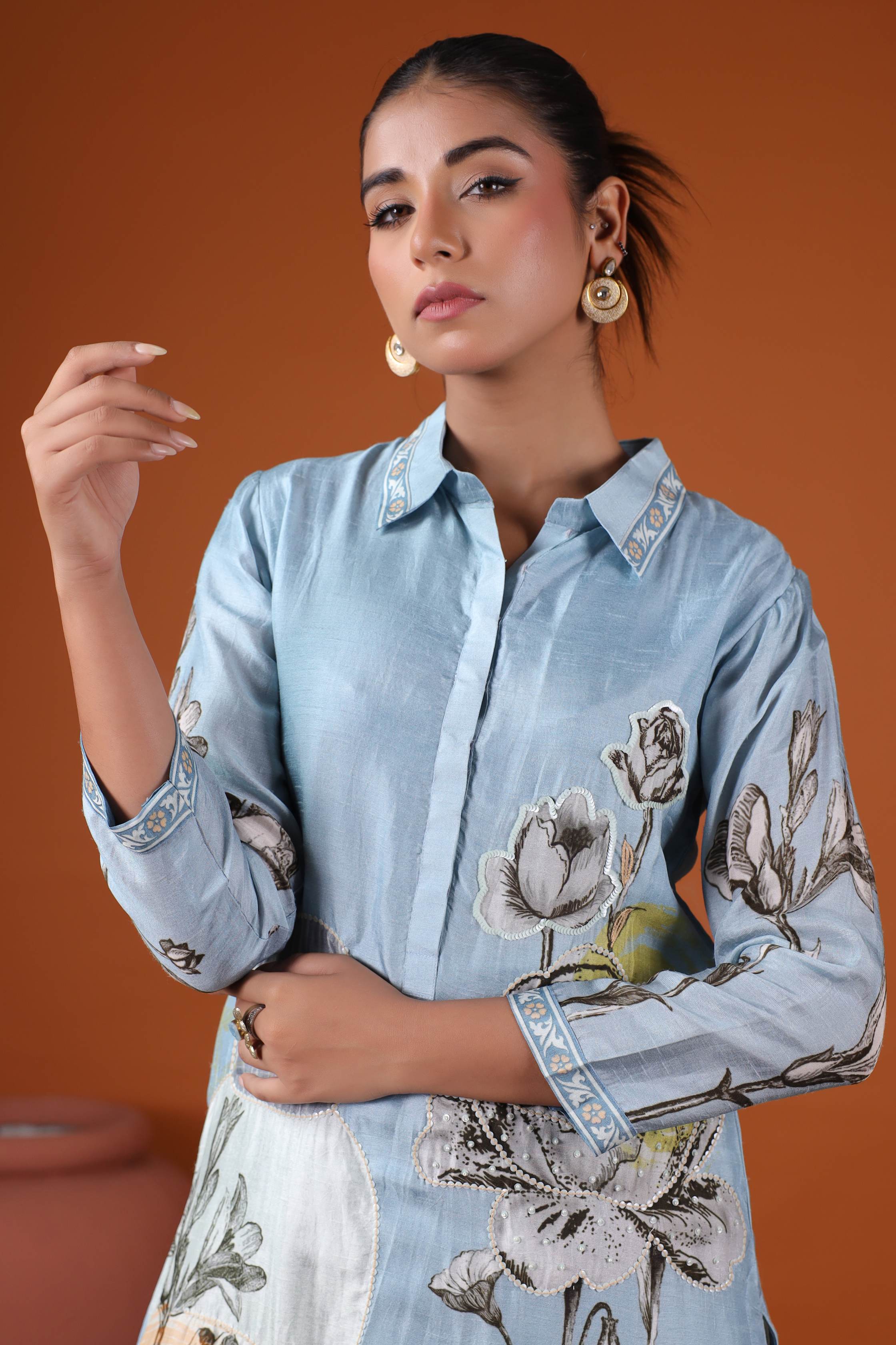 Sky Blue Botanical Embroidered Kurta Set