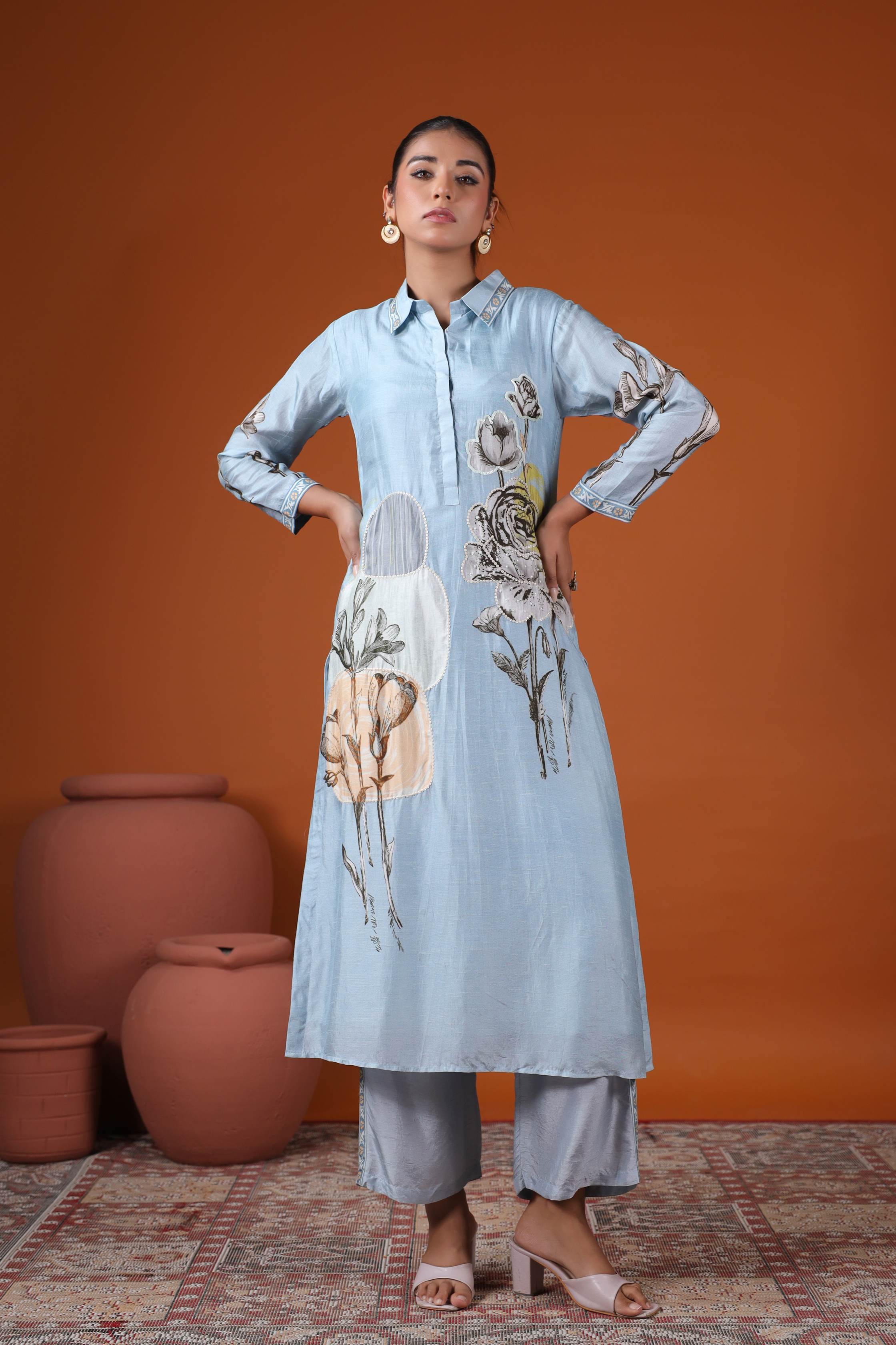 Sky Blue Botanical Embroidered Kurta Set