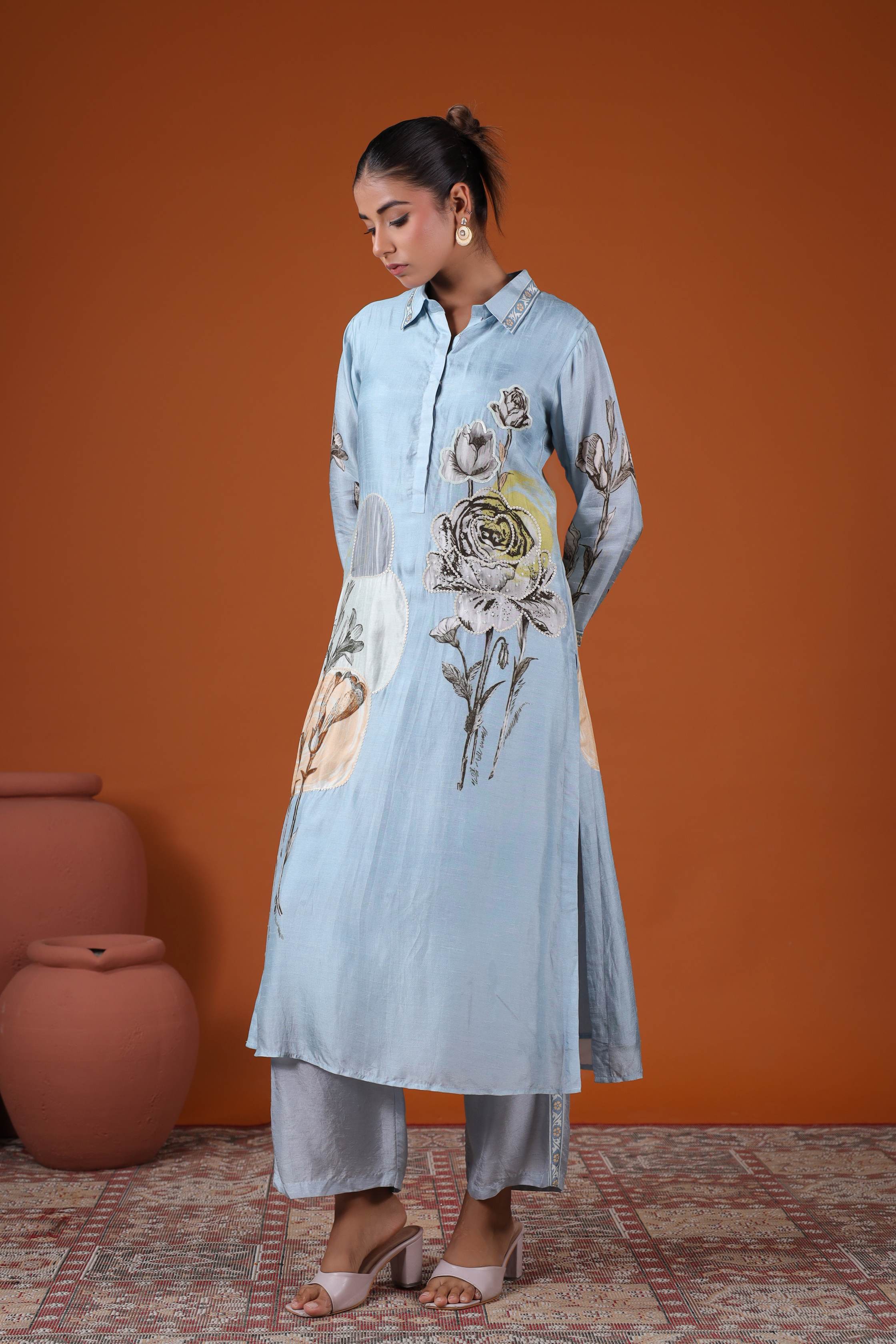 Sky Blue Botanical Embroidered Kurta Set