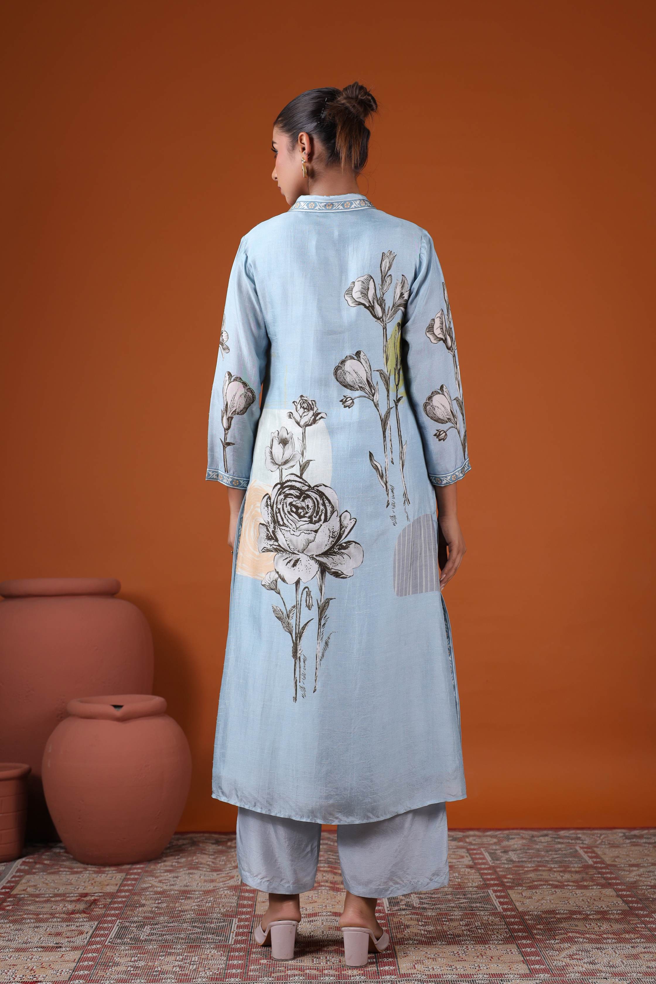 Sky Blue Botanical Embroidered Kurta Set
