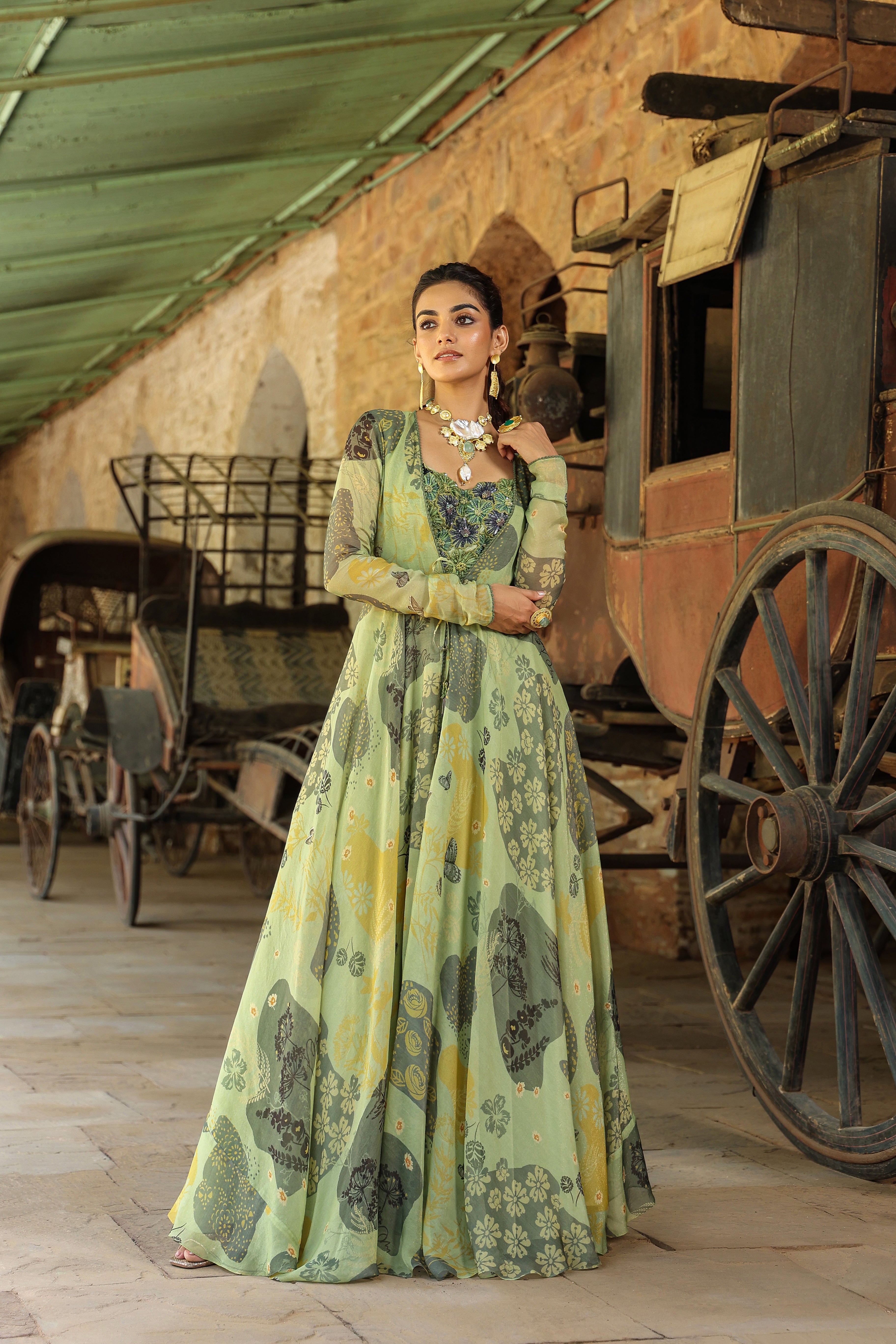 Olive Green Printed Organza Gown Set