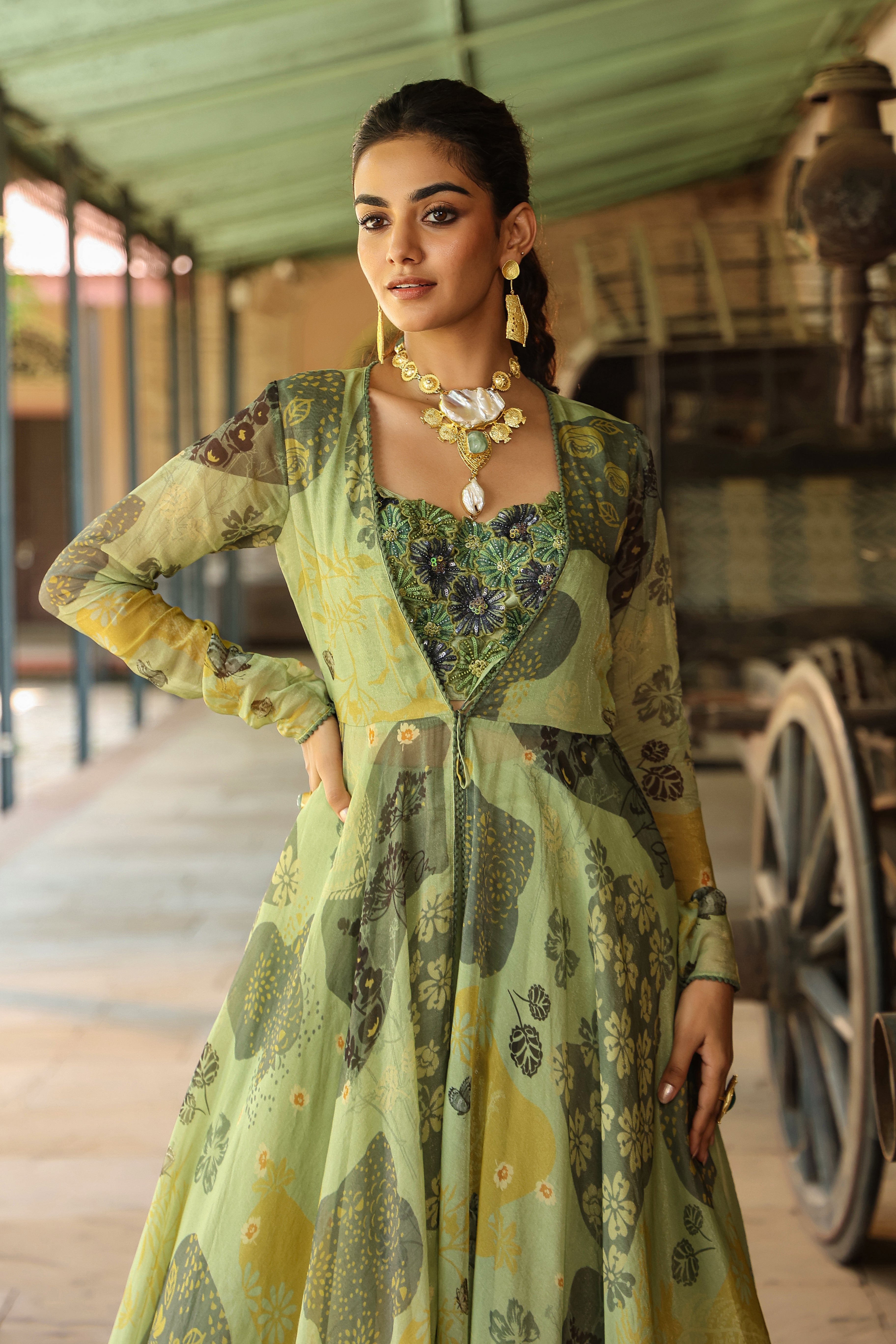 Olive Green Printed Organza Gown Set