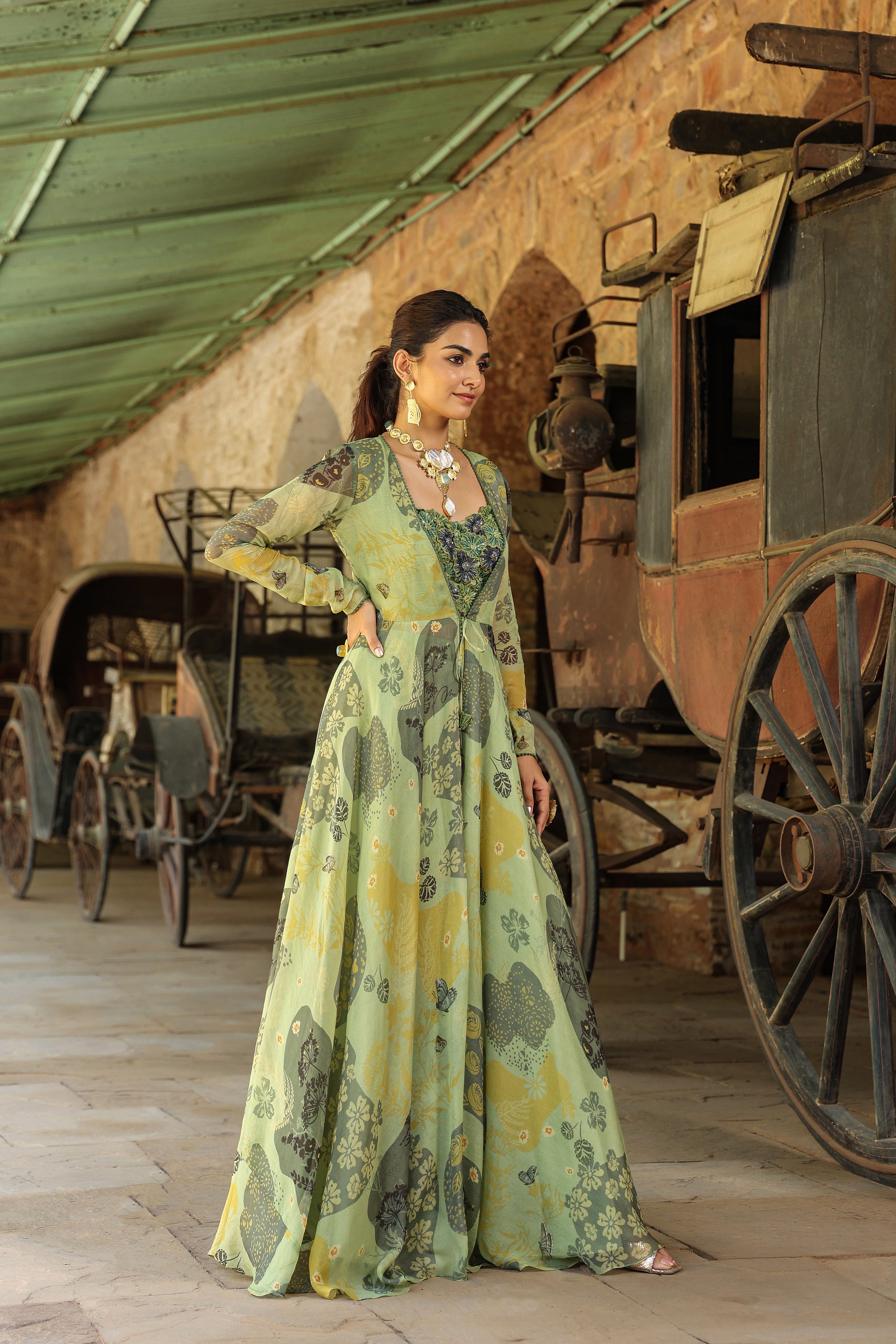 Olive Green Printed Organza Gown Set