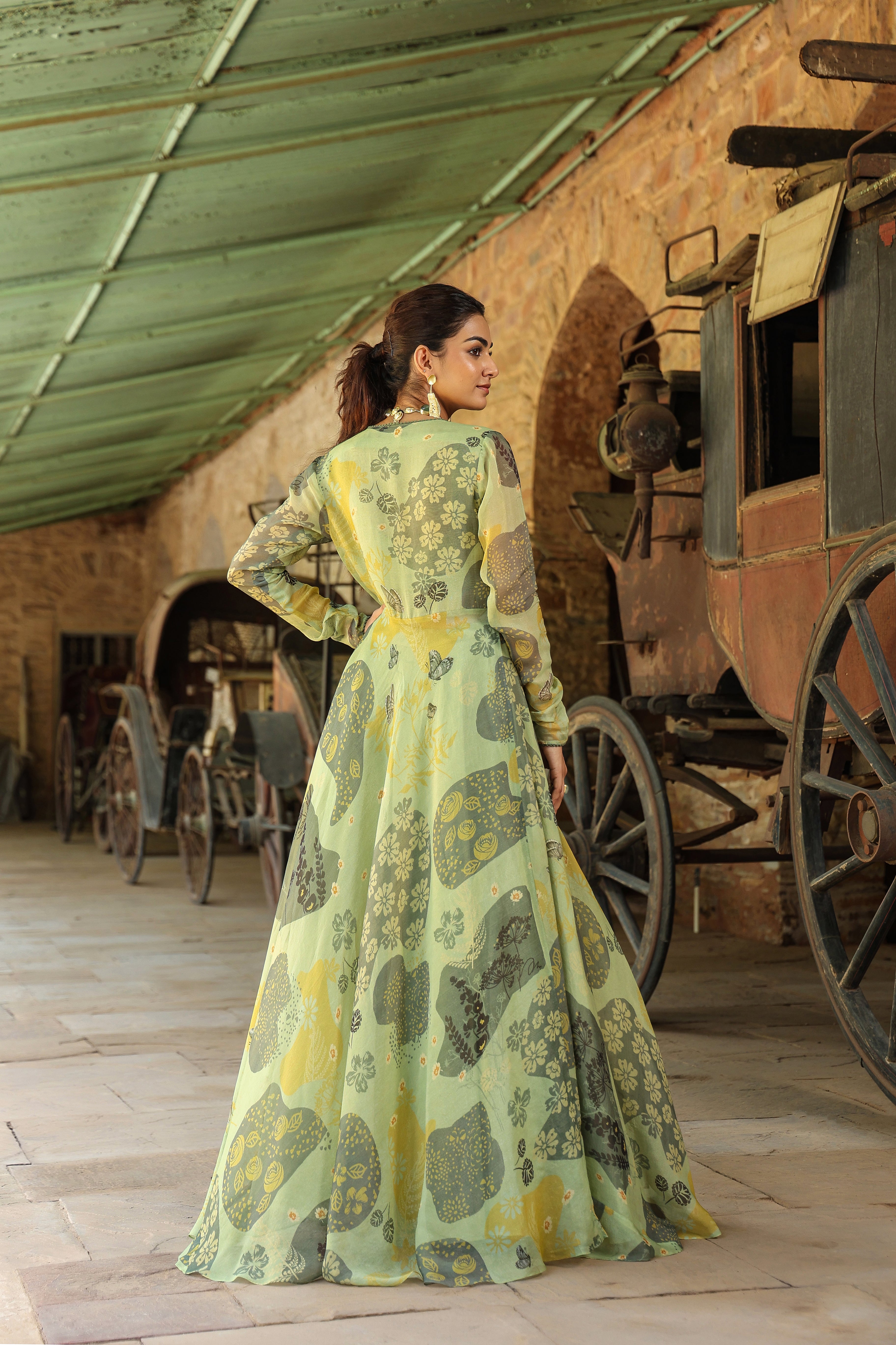 Olive Green Printed Organza Gown Set