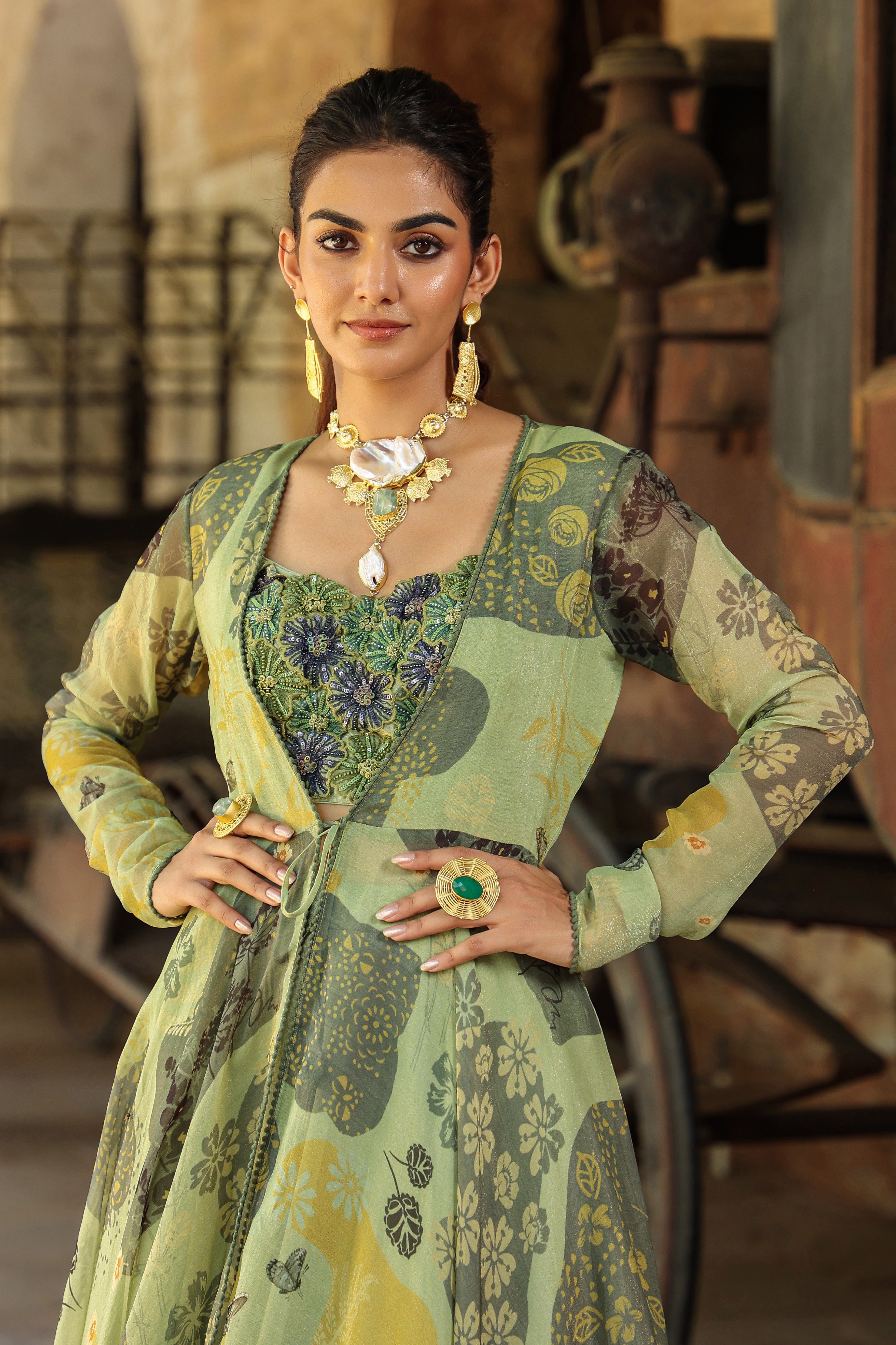Olive Green Printed Organza Gown Set