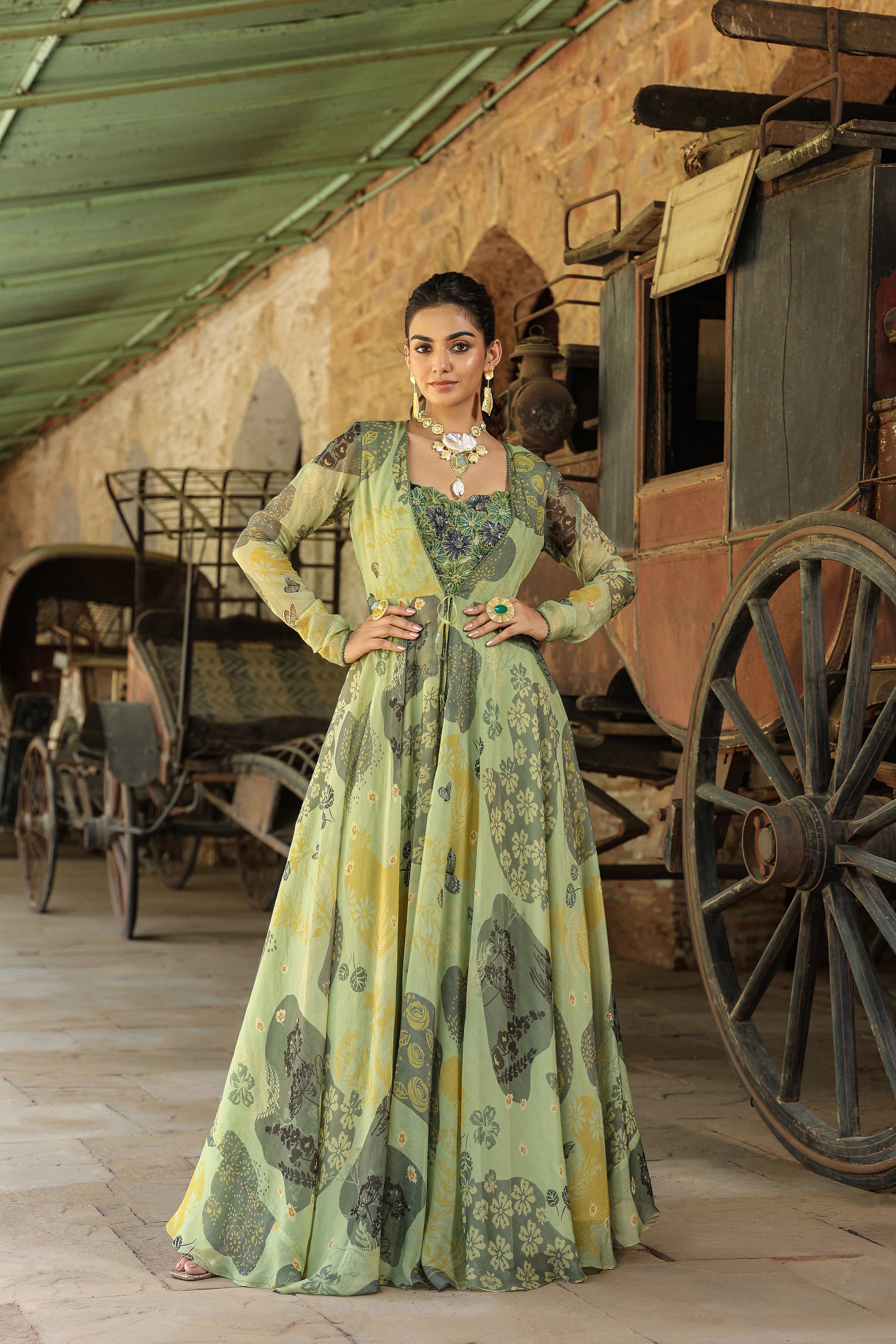 Olive Green Printed Organza Gown Set