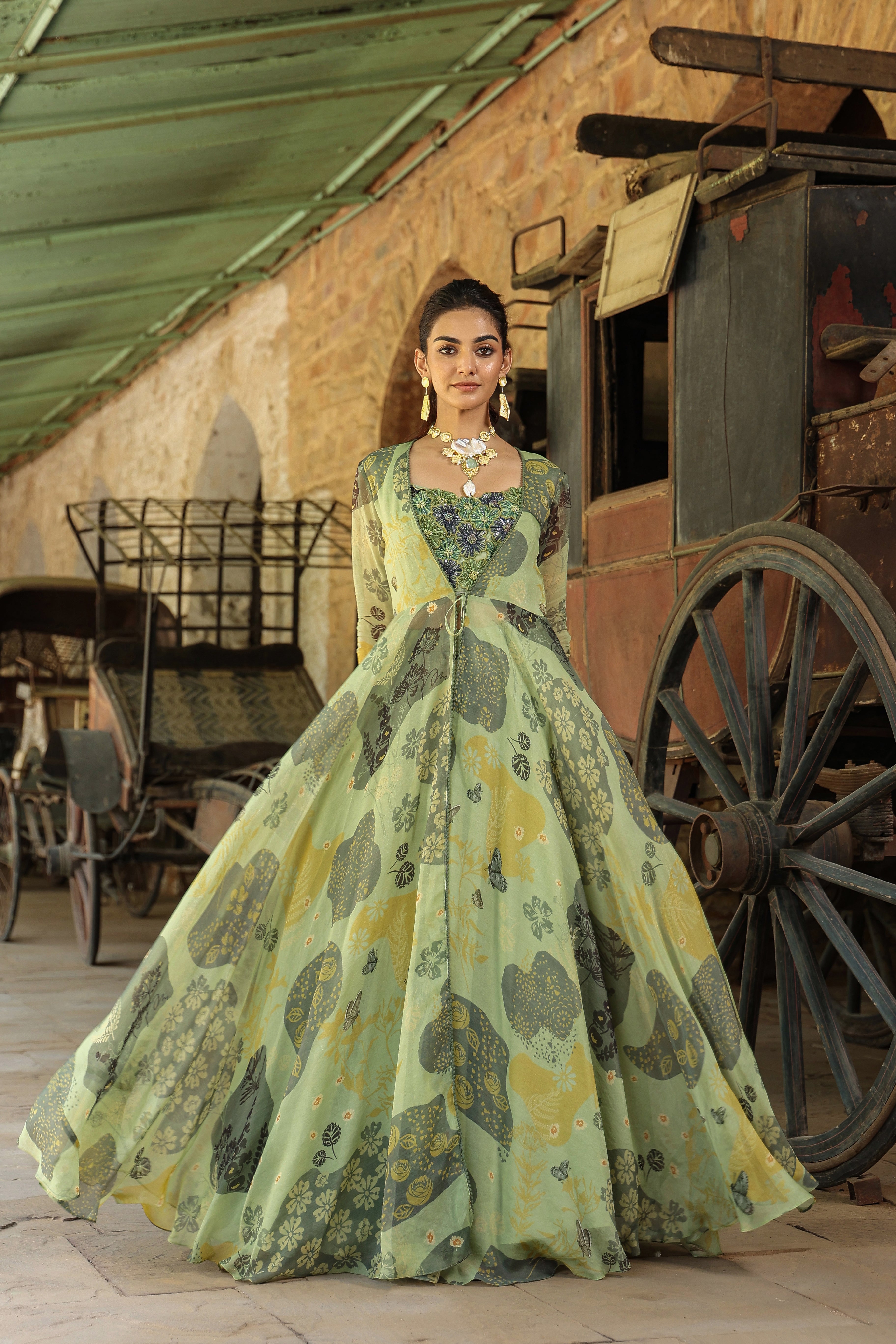 Olive Green Printed Organza Gown Set