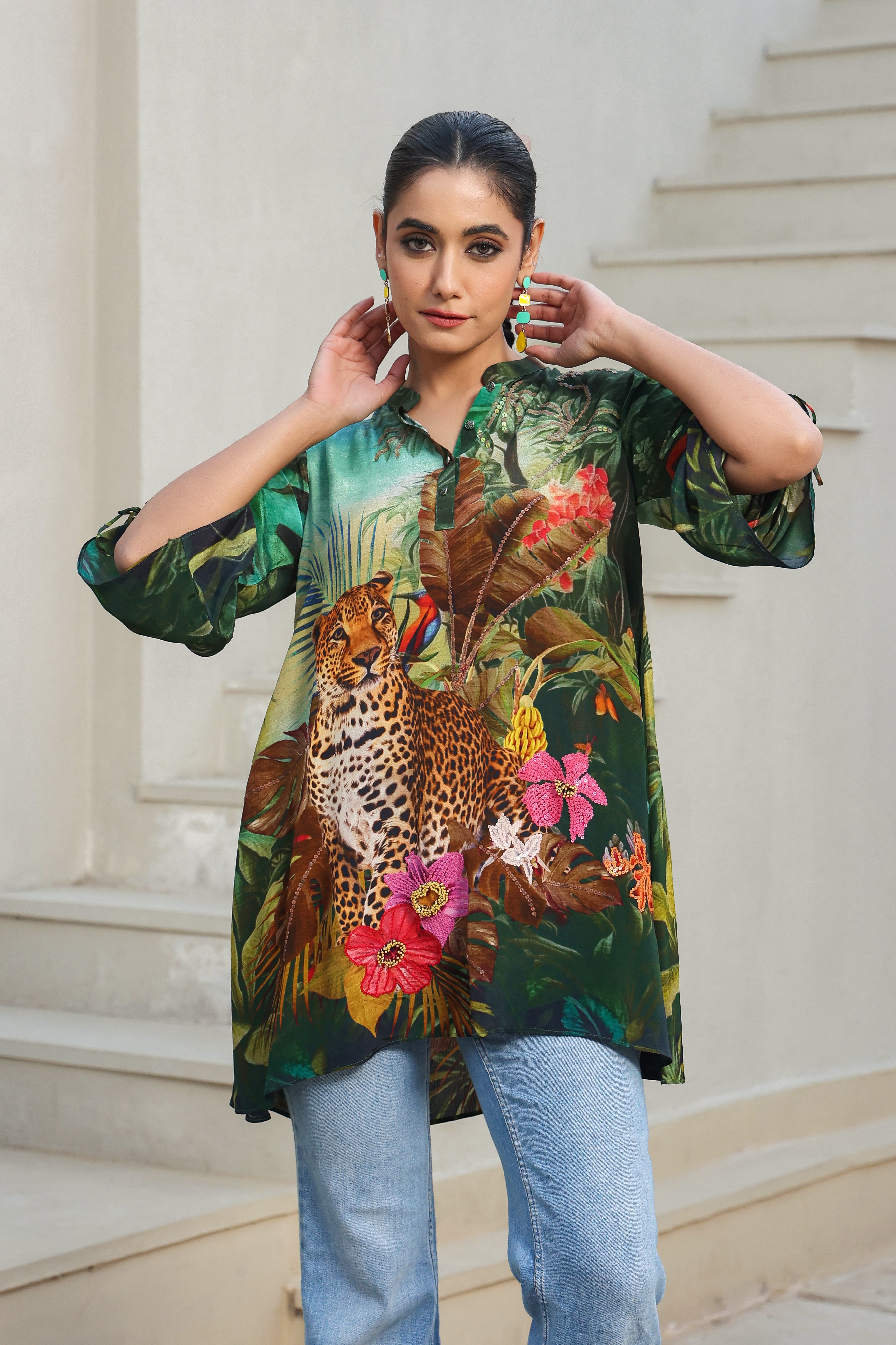 Tropical Safari Printed Shirt with 3D Embellishment