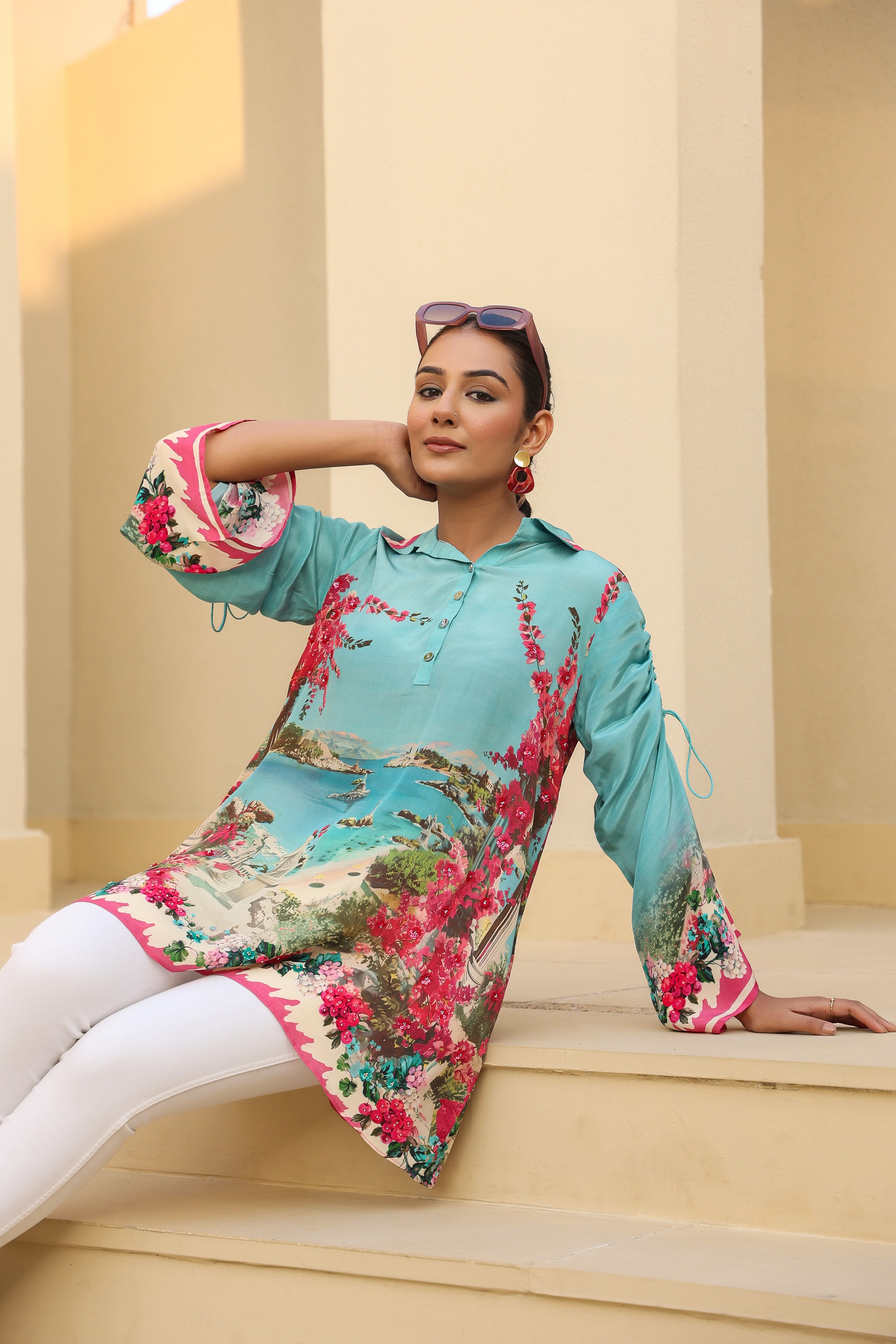 Seaside Vista Printed Shirt with 3D Floral Embellishment