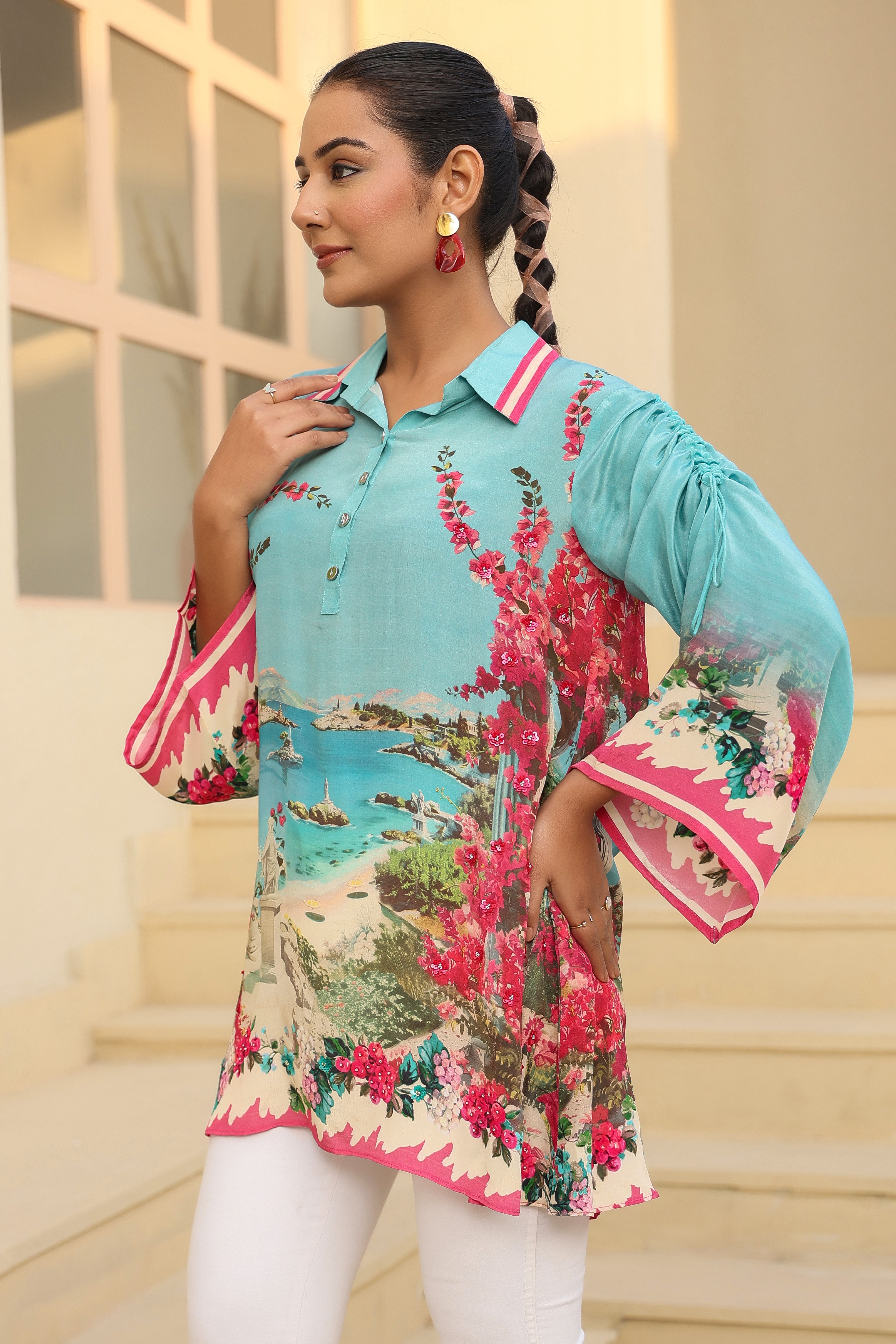 Seaside Vista Printed Shirt with 3D Floral Embellishment