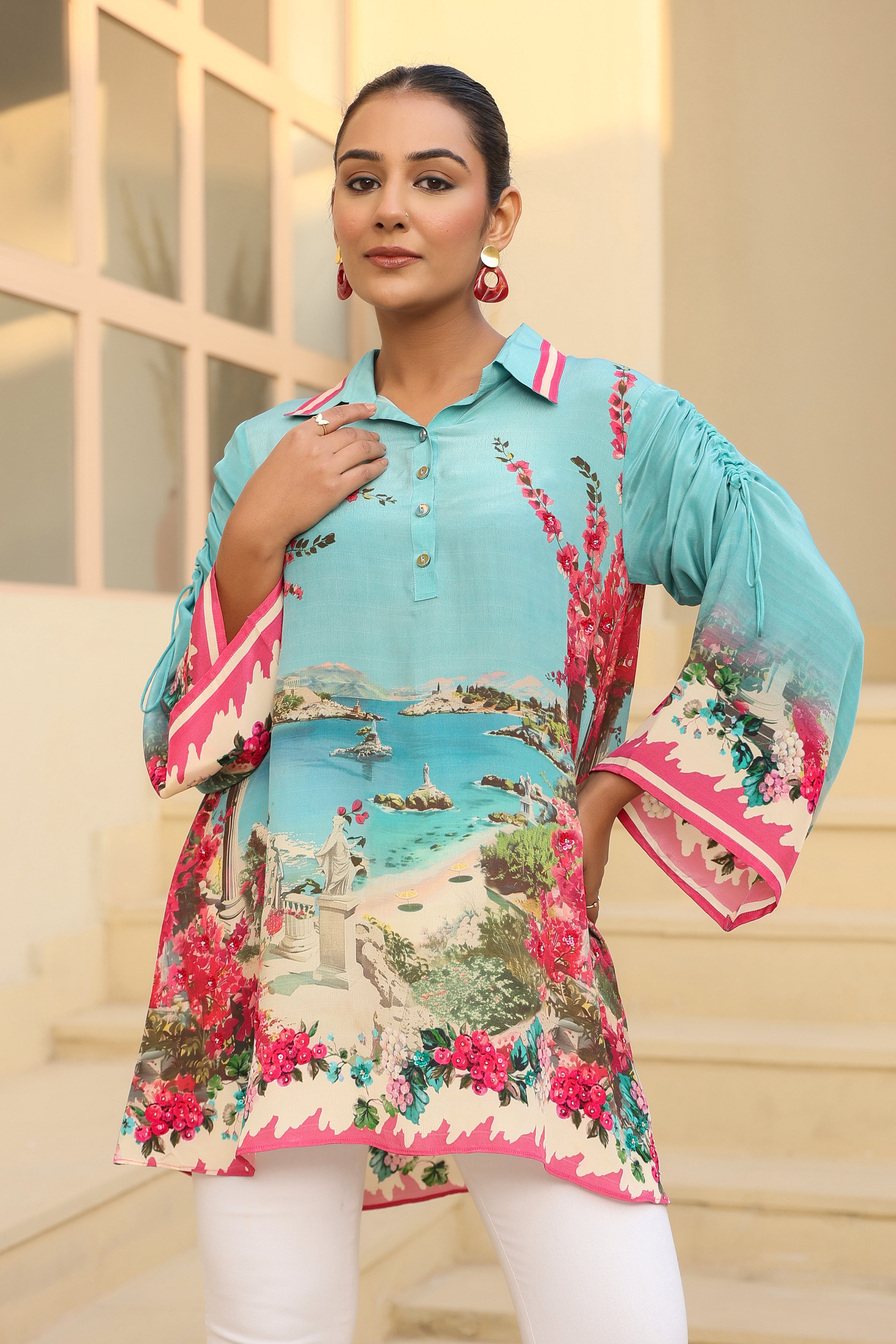 Seaside Vista Printed Shirt with 3D Floral Embellishment
