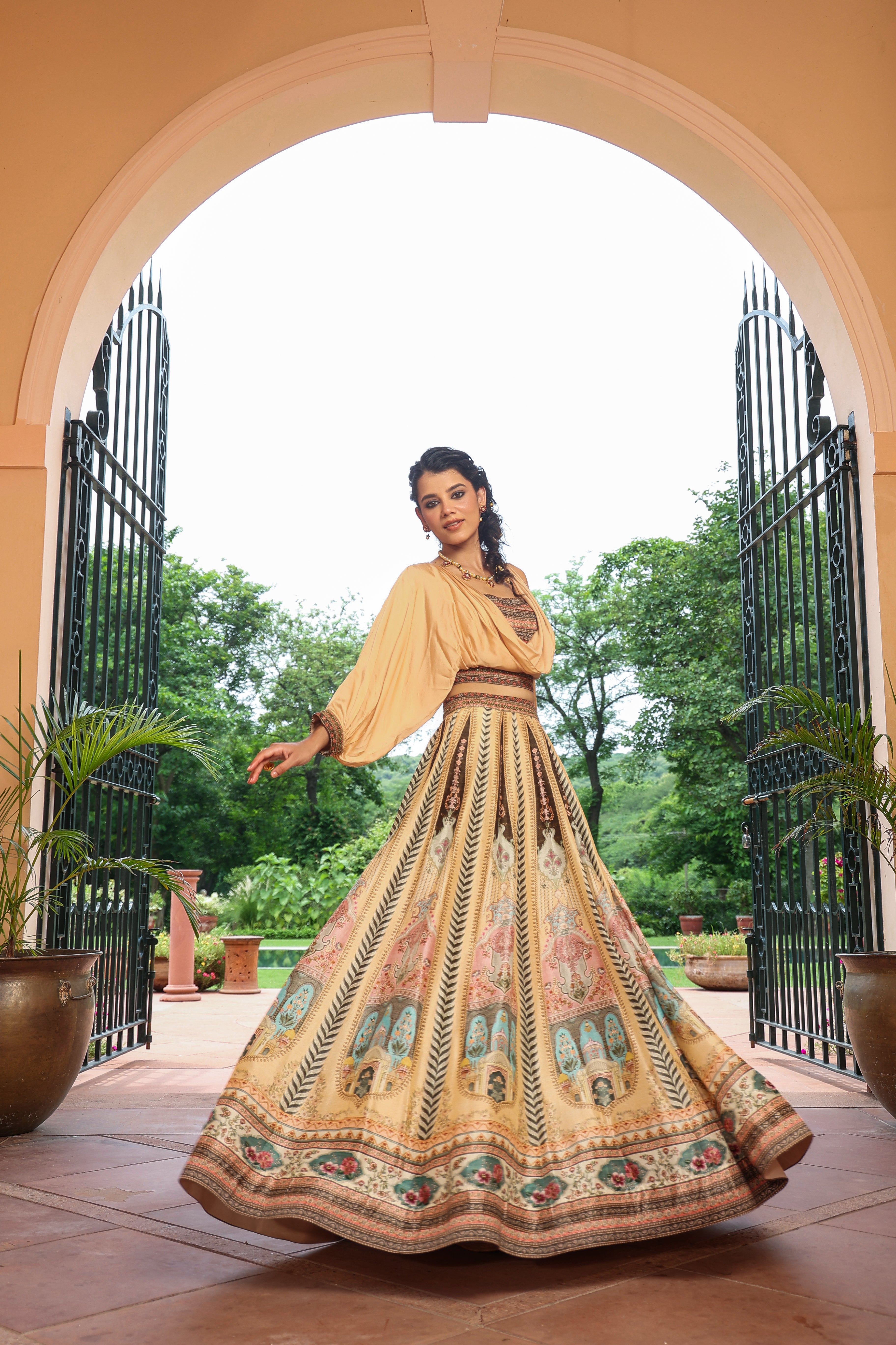 Antique Beige Printed Lehenga Set with Cowl Draped Blouse