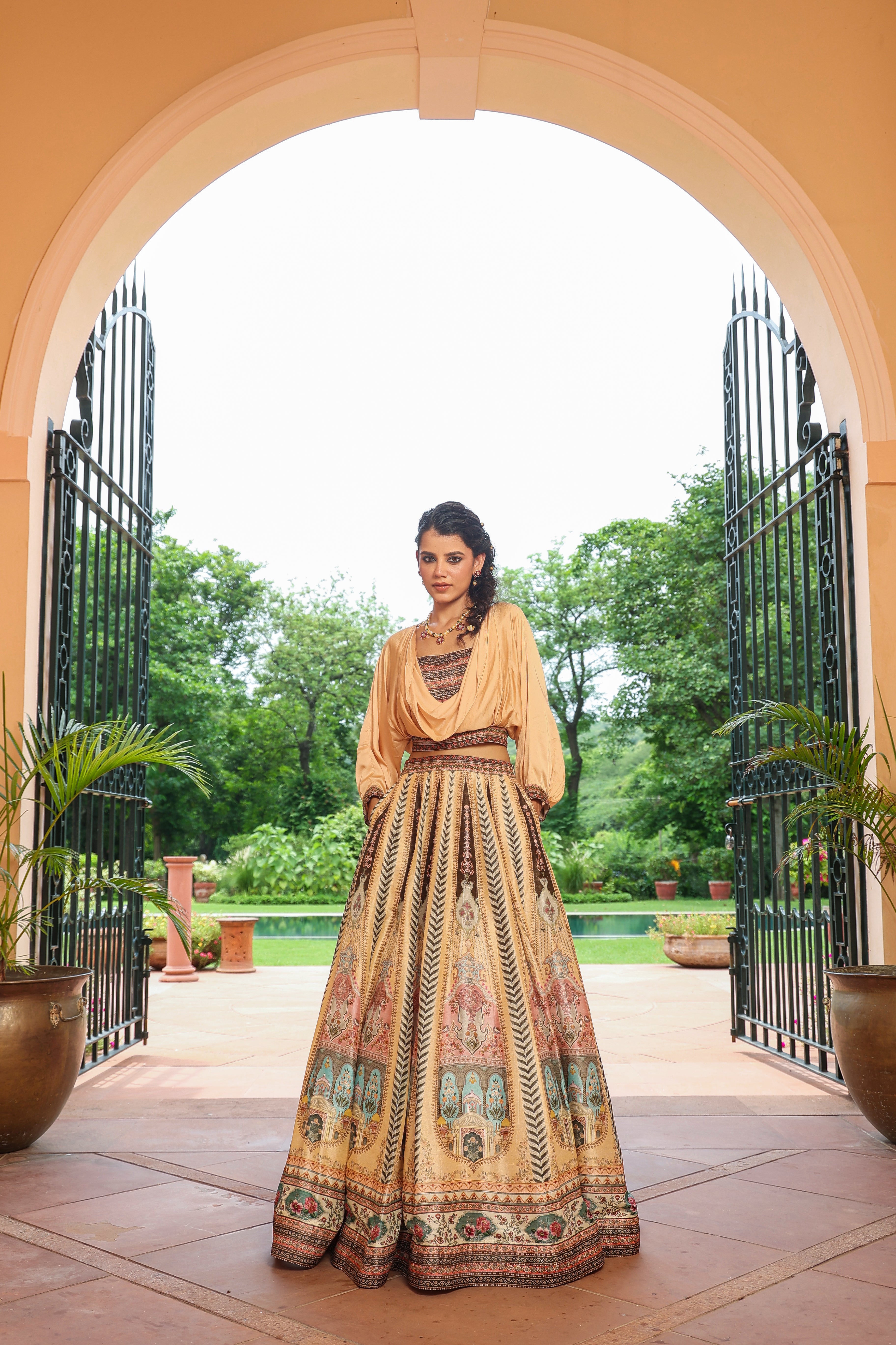 Antique Beige Printed Lehenga Set with Cowl Draped Blouse