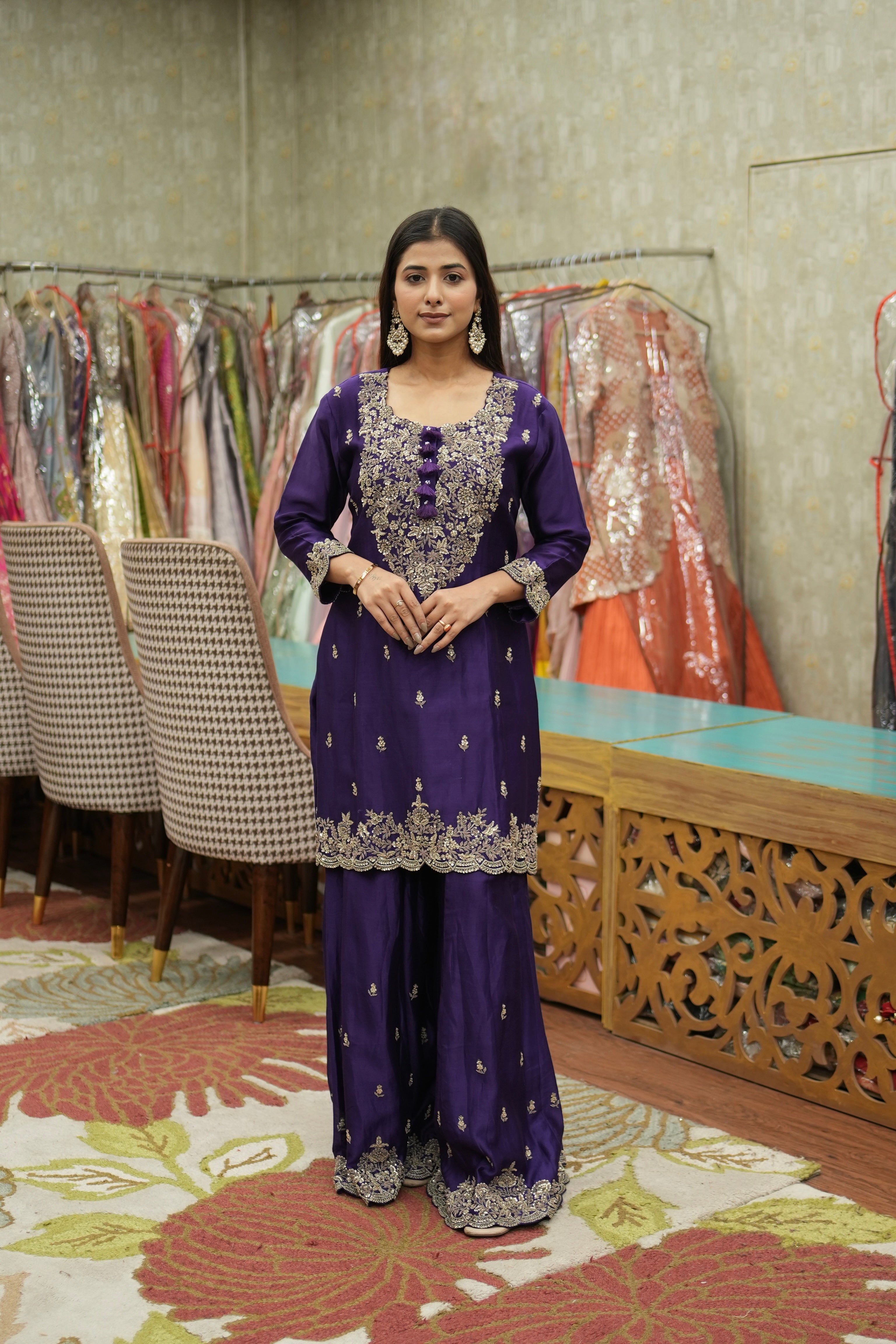 Royal Purple Hand-Embroidered Kurta Sharara Set