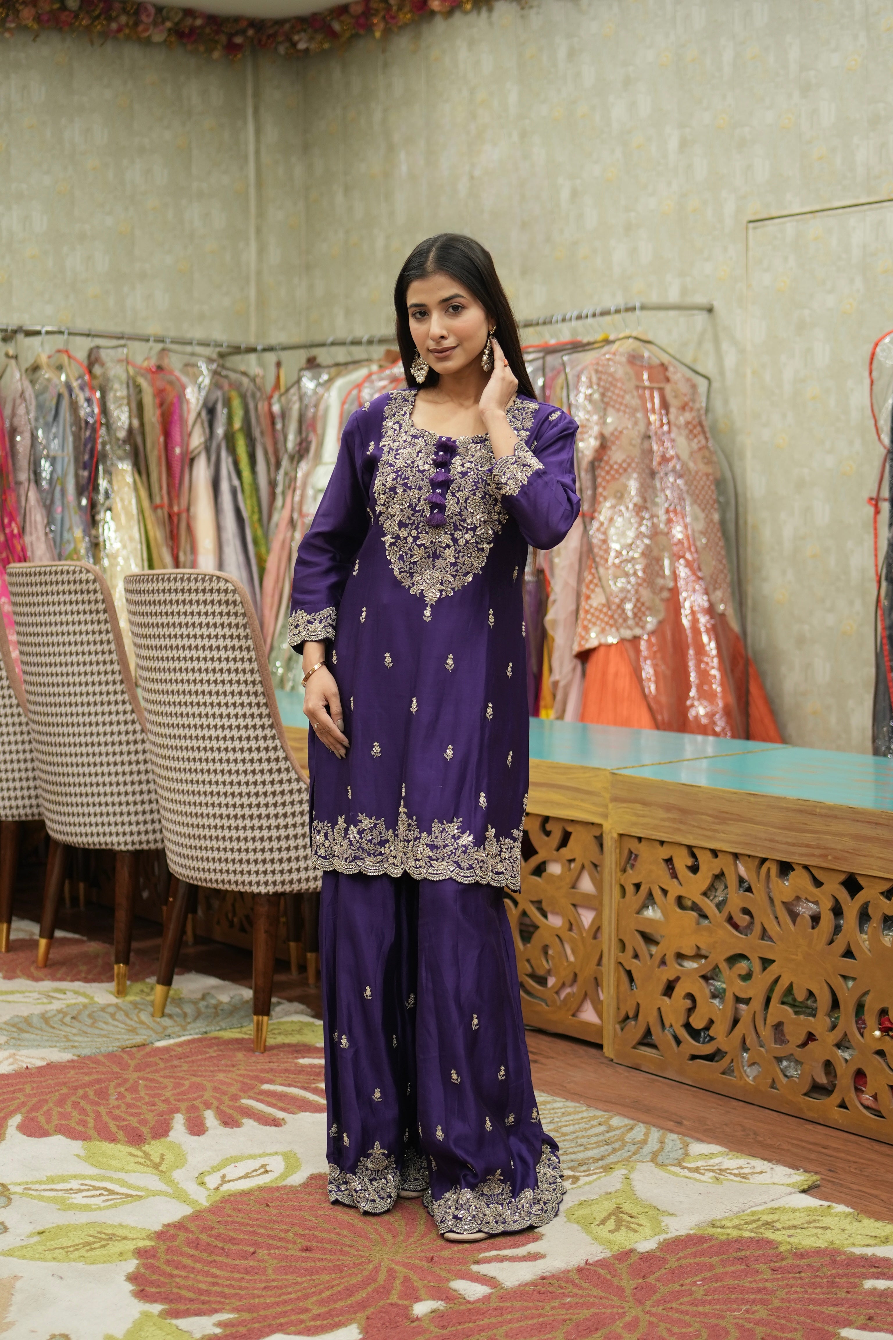 Royal Purple Hand-Embroidered Kurta Sharara Set