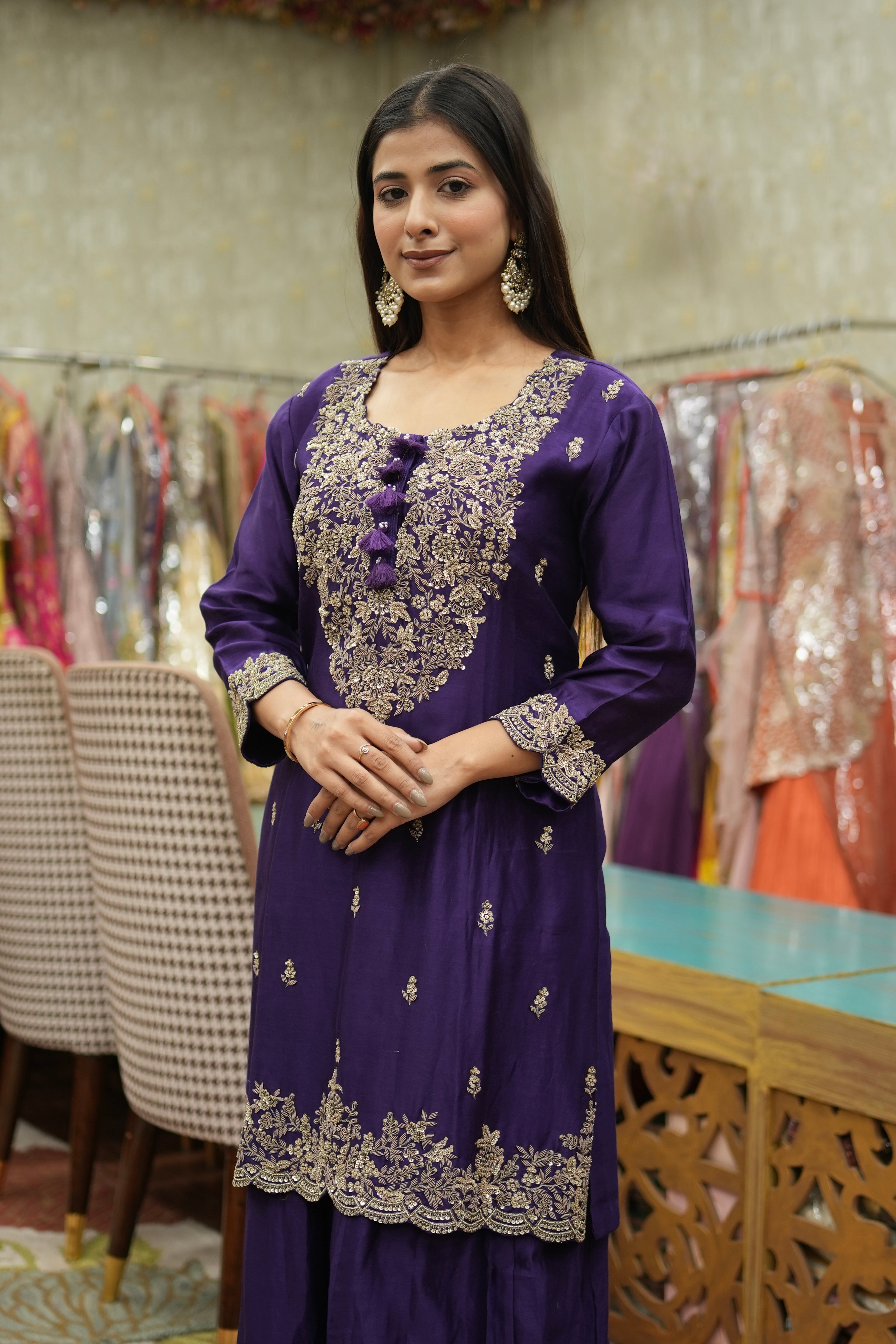 Royal Purple Hand-Embroidered Kurta Sharara Set