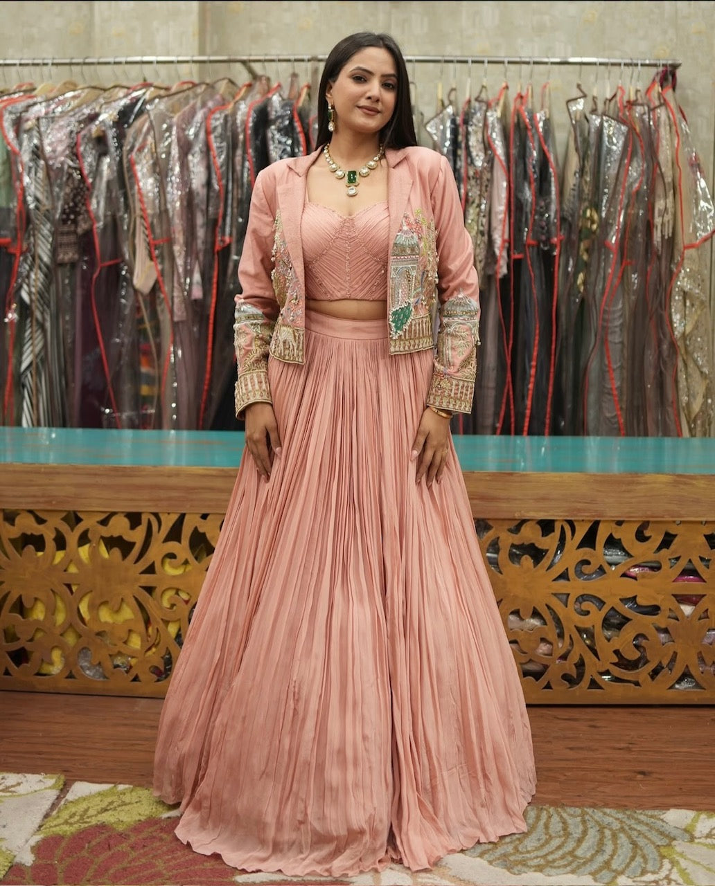Blush Pink Handcrafted Indo-Western Skirt Set with Jacket
