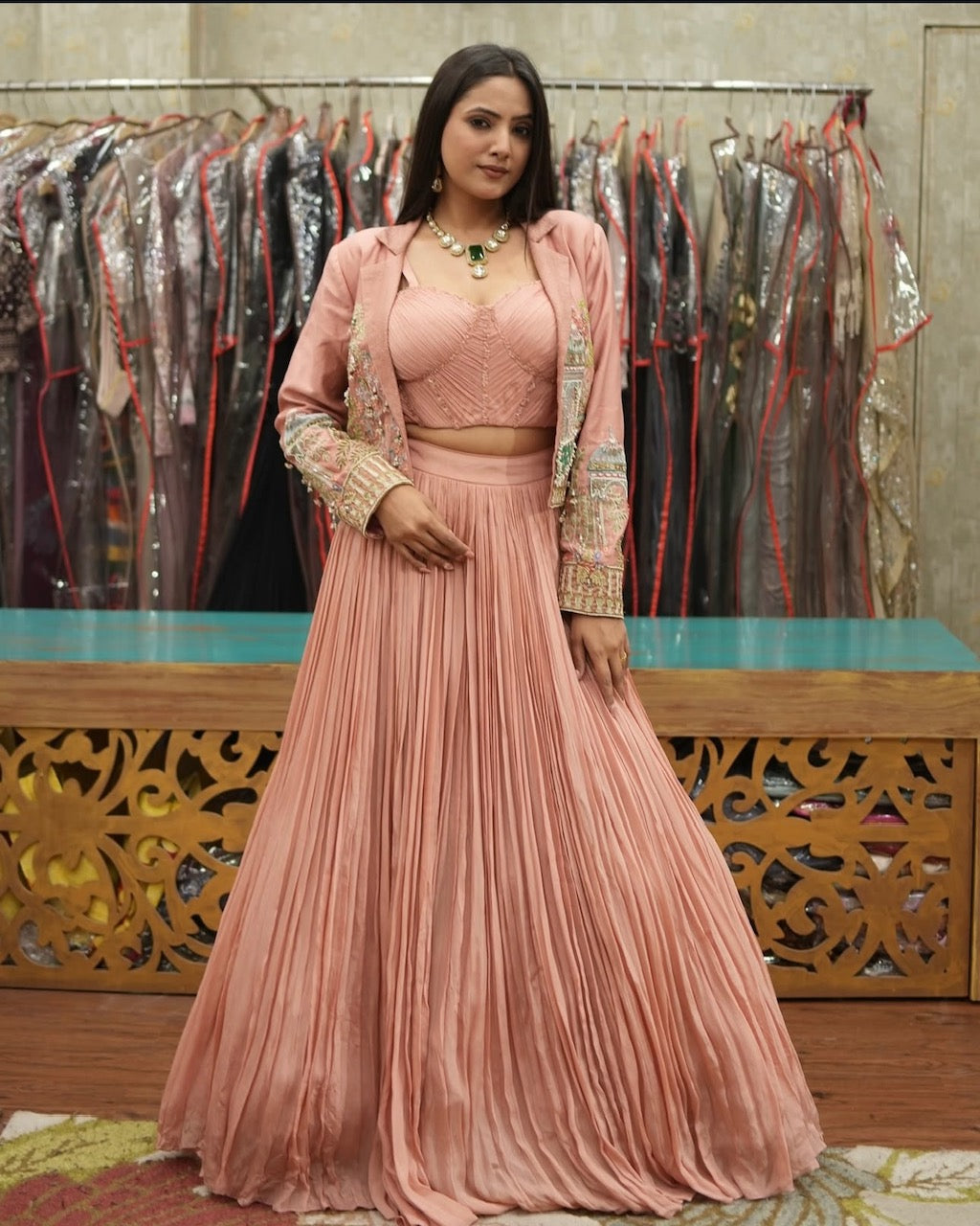 Blush Pink Handcrafted Indo-Western Skirt Set with Jacket