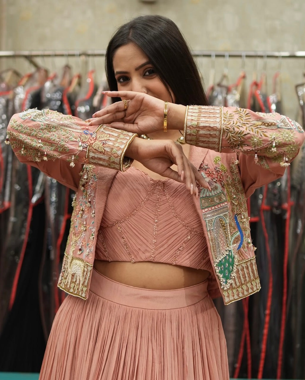 Blush Pink Handcrafted Indo-Western Skirt Set with Jacket