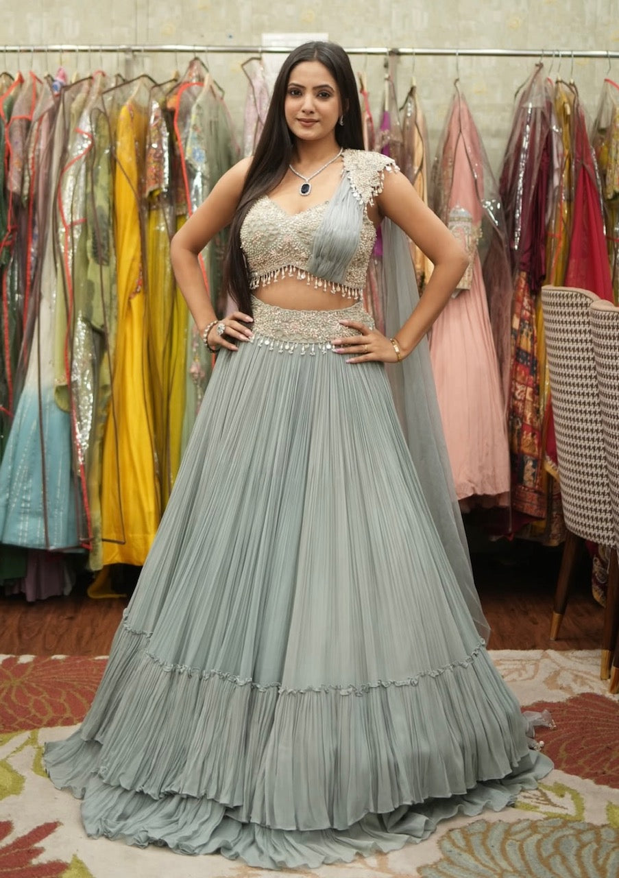 Sage Blue Handcrafted Draped Indo-Western Skirt Set