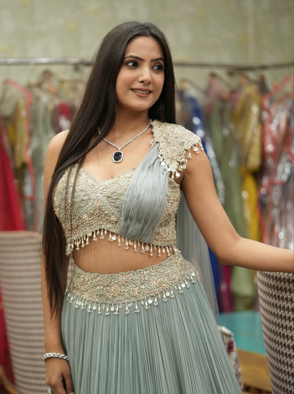 Sage Blue Handcrafted Draped Indo-Western Skirt Set
