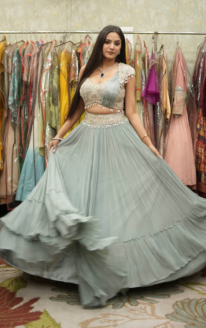 Sage Blue Handcrafted Draped Indo-Western Skirt Set